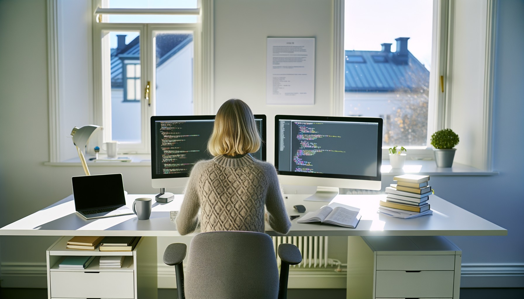 En forskare fotograferad bakifrån som arbetar vid sin dator på KTH, omgiven av skärmar, forskningspapper och böcker i en ljus kontorsmiljö.