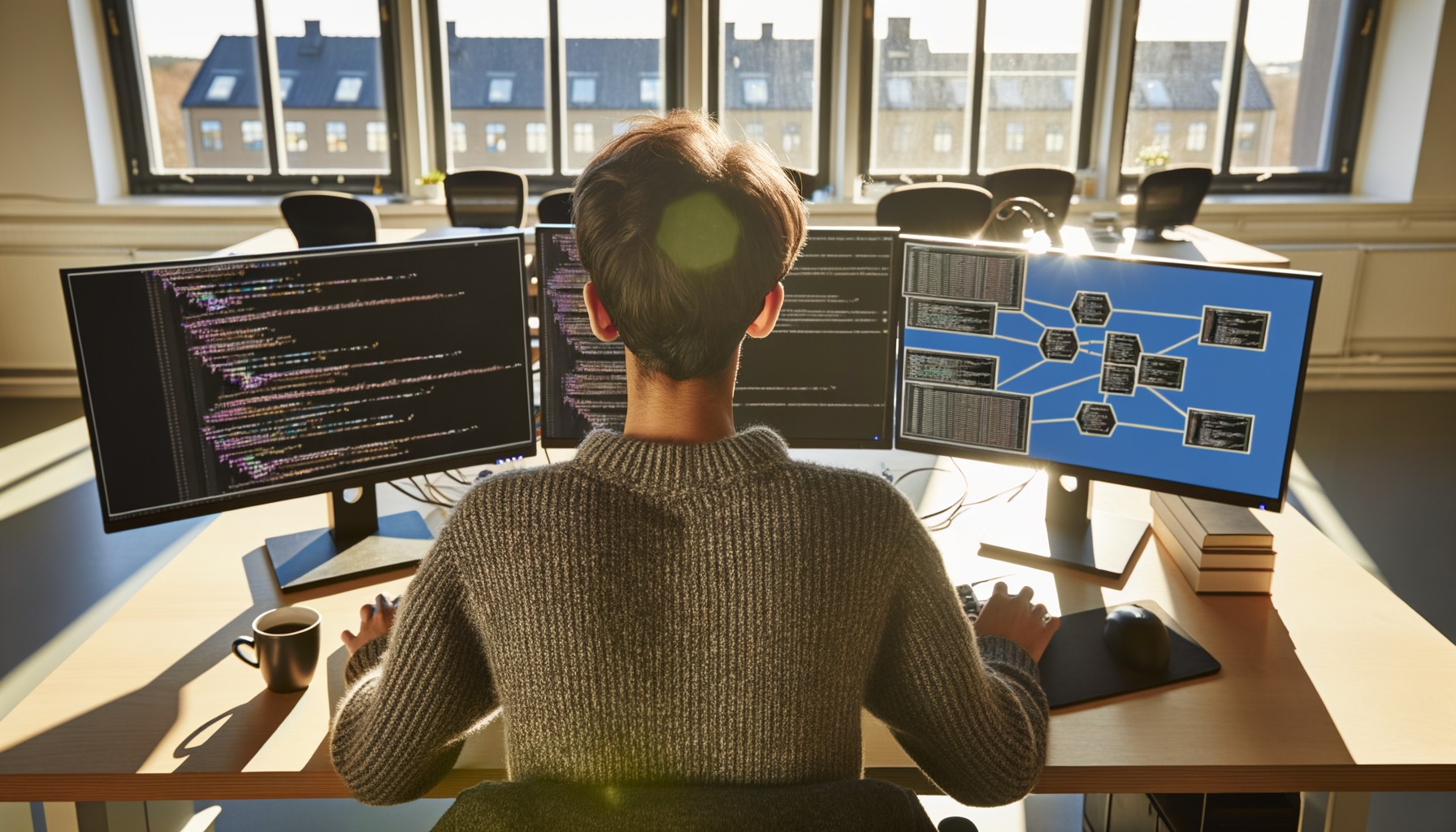 En programmerare fotograferad bakifrån vid flera datorskärmar som visar AI-kod och systemdiagram i ett ljust svenskt kontor.