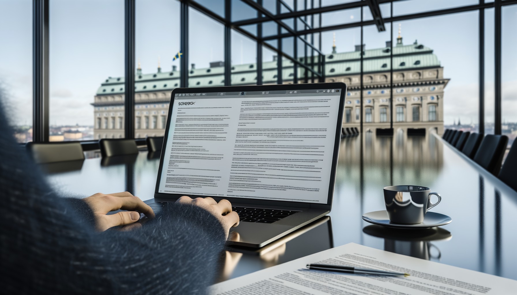 Närbild på en laptop med juridiska dokument på skärmen, med händer som skriver på tangentbordet i ett svenskt regeringskontor med naturligt ljus genom fönstren.