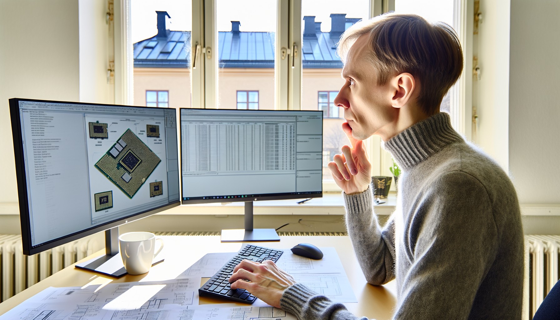En person sedd bakifrån arbetar vid en dator med tekniska specifikationer och processordiagram på skärmen, i ett modernt svenskt teknikkontor med utsikt över Stockholm