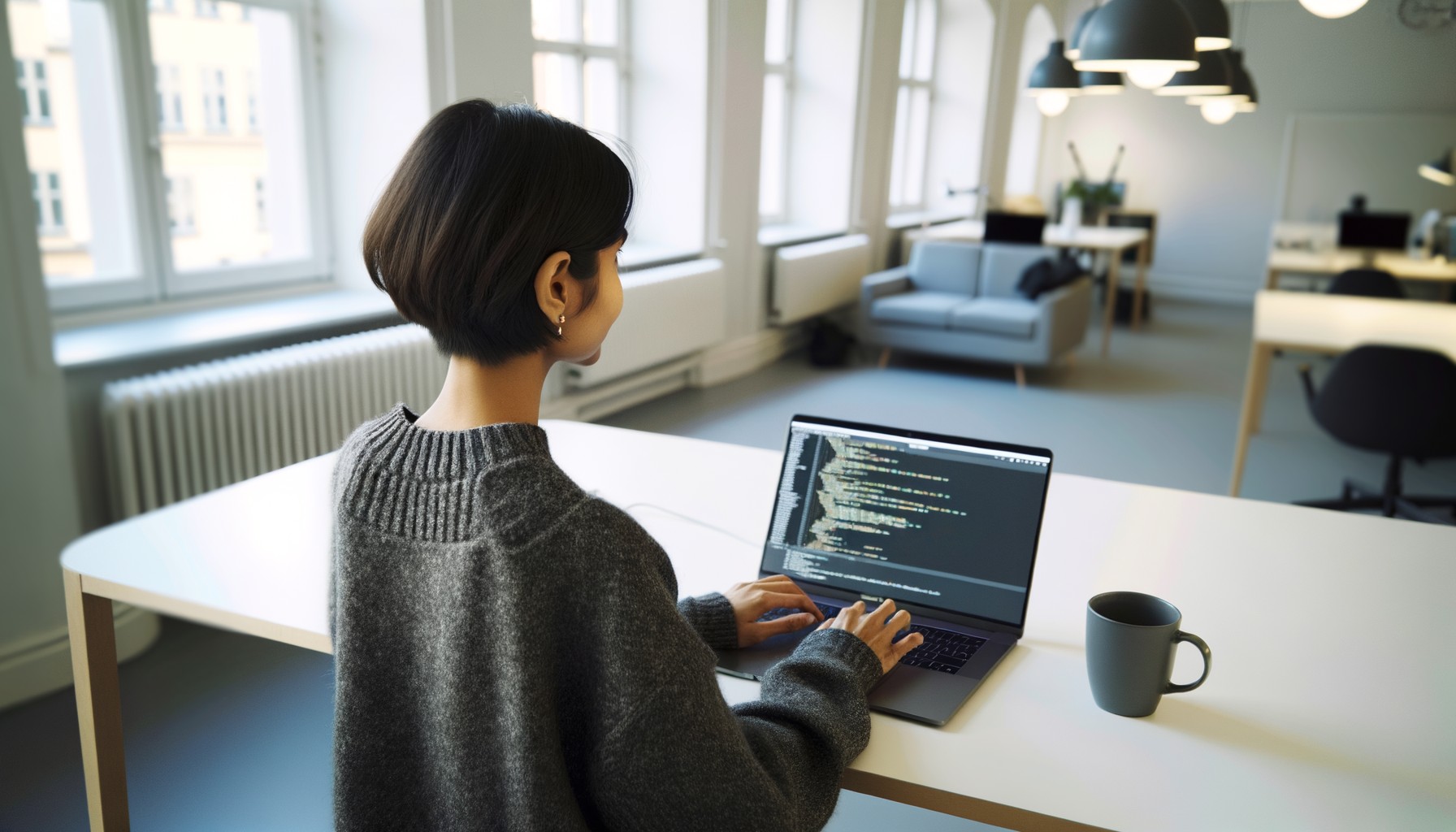 En utvecklare sedd bakifrån arbetar vid en laptop på ett modernt teknikkontor i Stockholm, med dagsljus som faller in genom stora fönster.