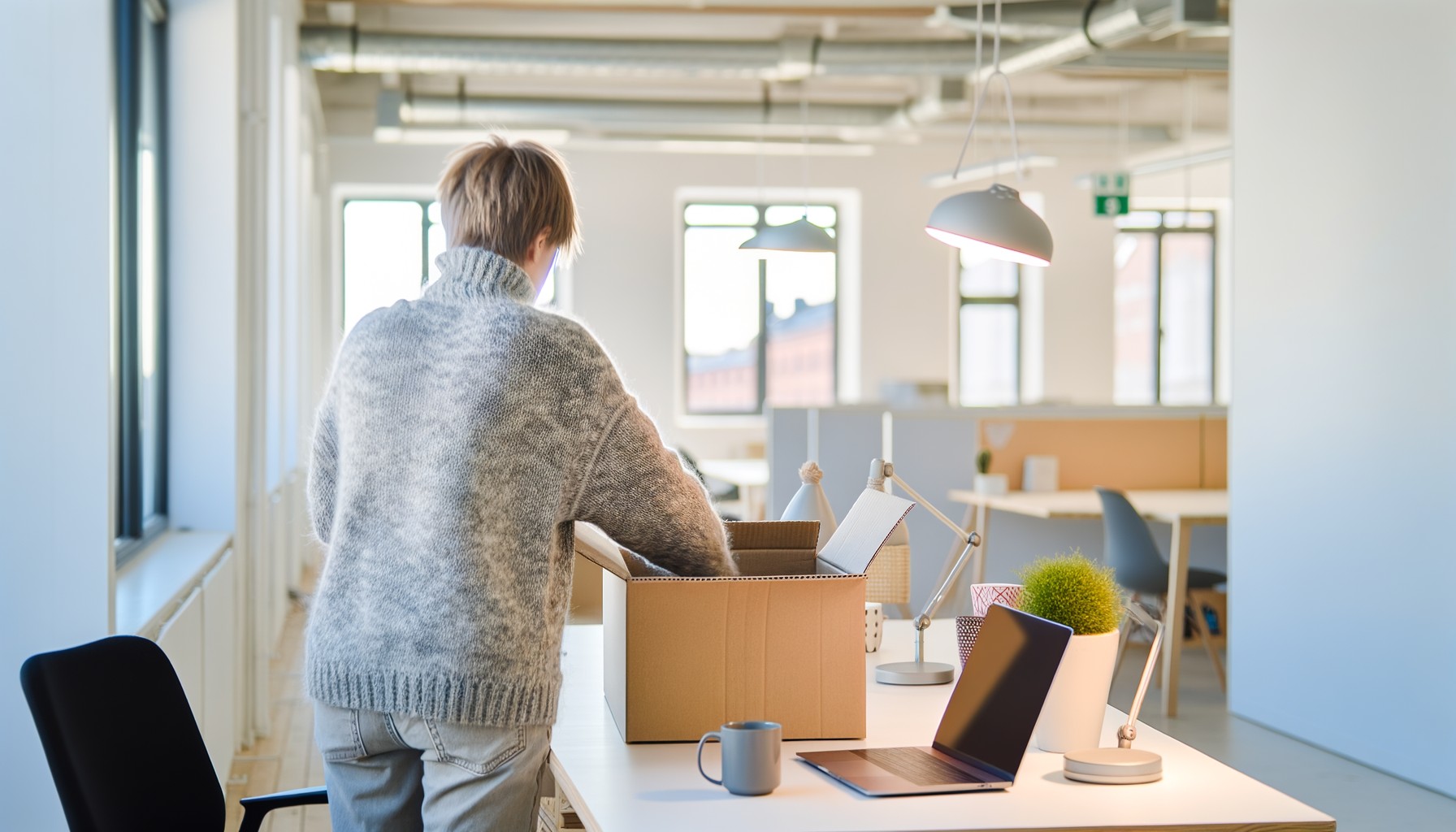 En kontorsarbetare packar personliga föremål i en kartong på sitt skrivbord, fotograferad från sidan på en ljus svensk arbetsplats