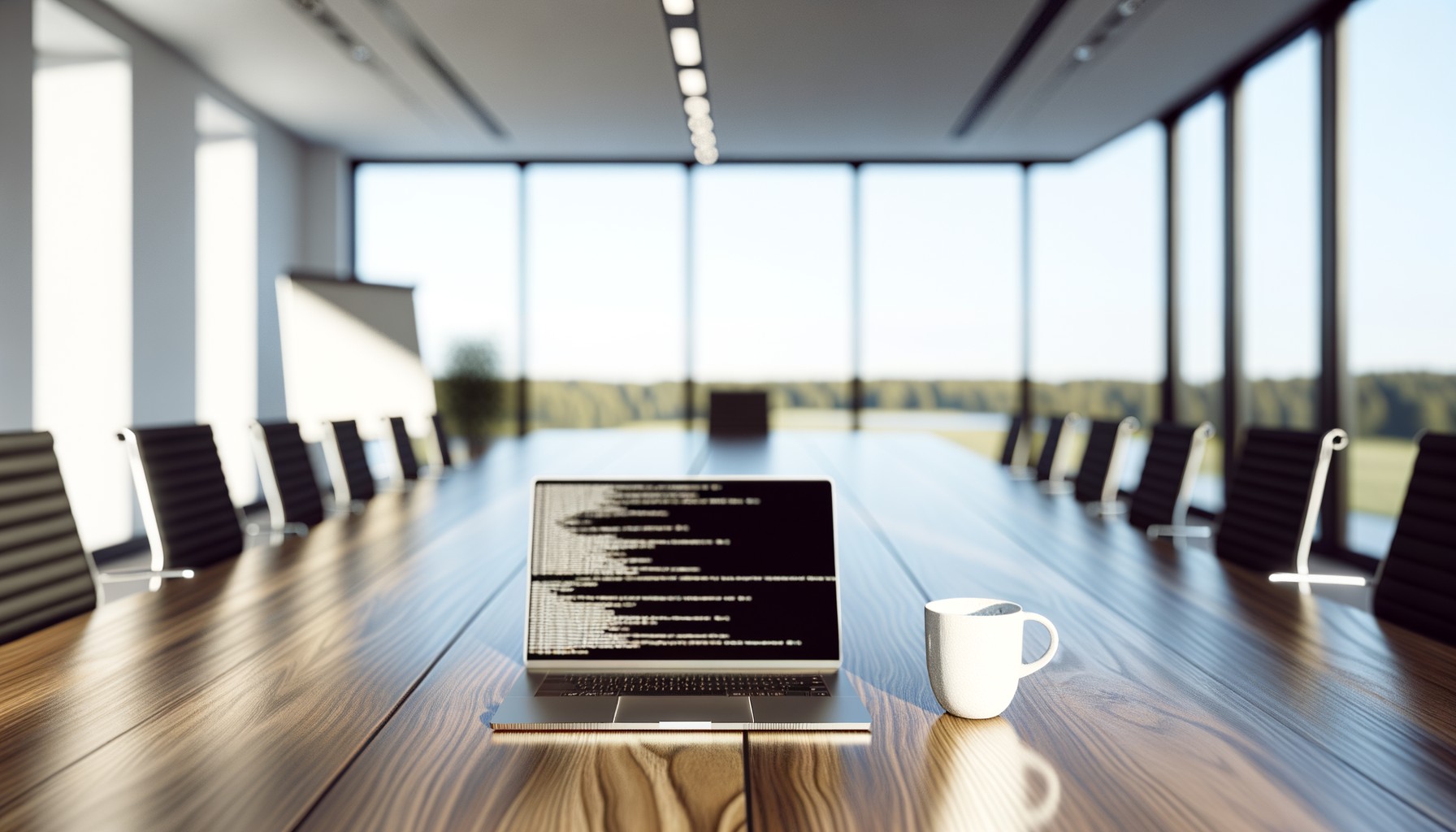 En öppen laptop på ett konferensbord med en kaffekopp bredvid, i ett ljust svenskt kontorsmiljö med stora fönster