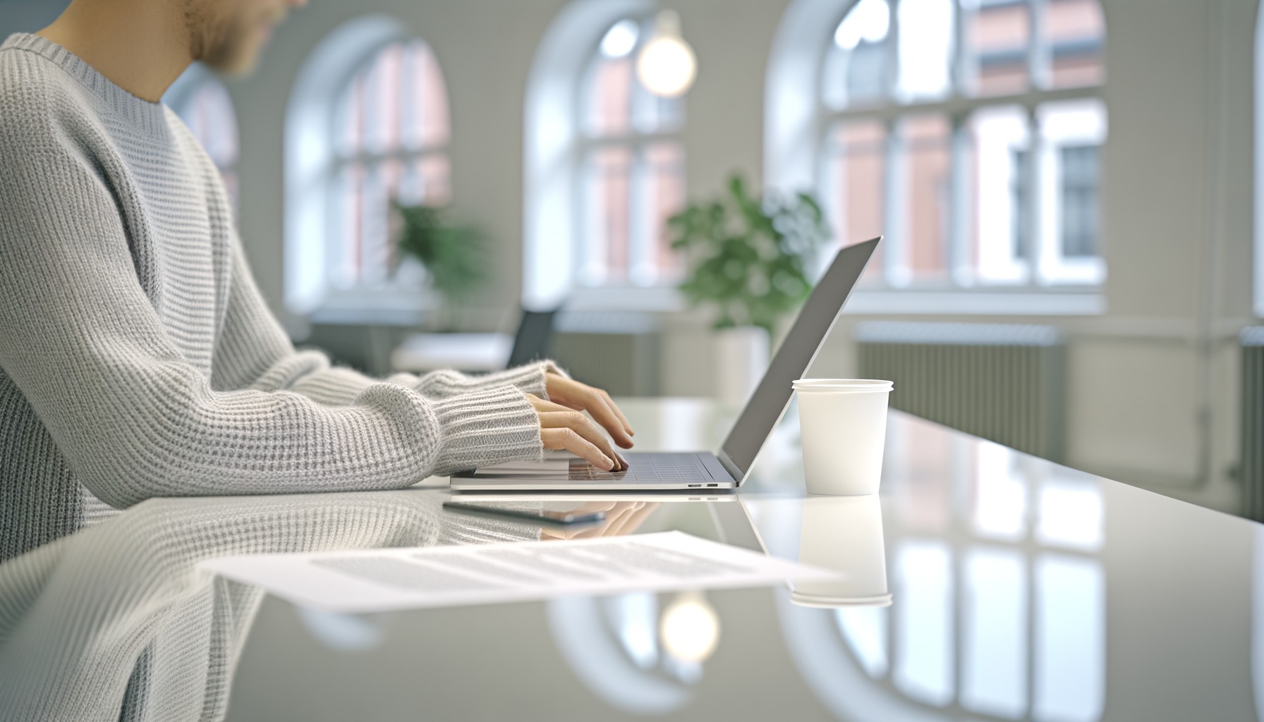 Närbild av händer som skriver på en bärbar dator i ett svenskt tech-kontor, med kaffekopp och papper på skrivbordet och naturligt dagsljus genom fönstret