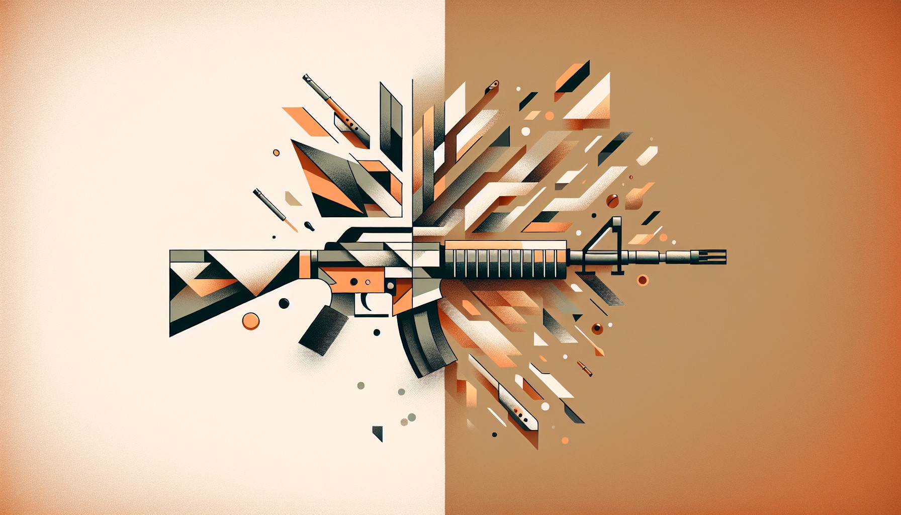 Editorial illustration som visar abstrakta former som förvandlas från mjuka teknologisymboler till vassa vapenliknande strukturer, symboliserande AI:s omvandling från verktyg till vapen