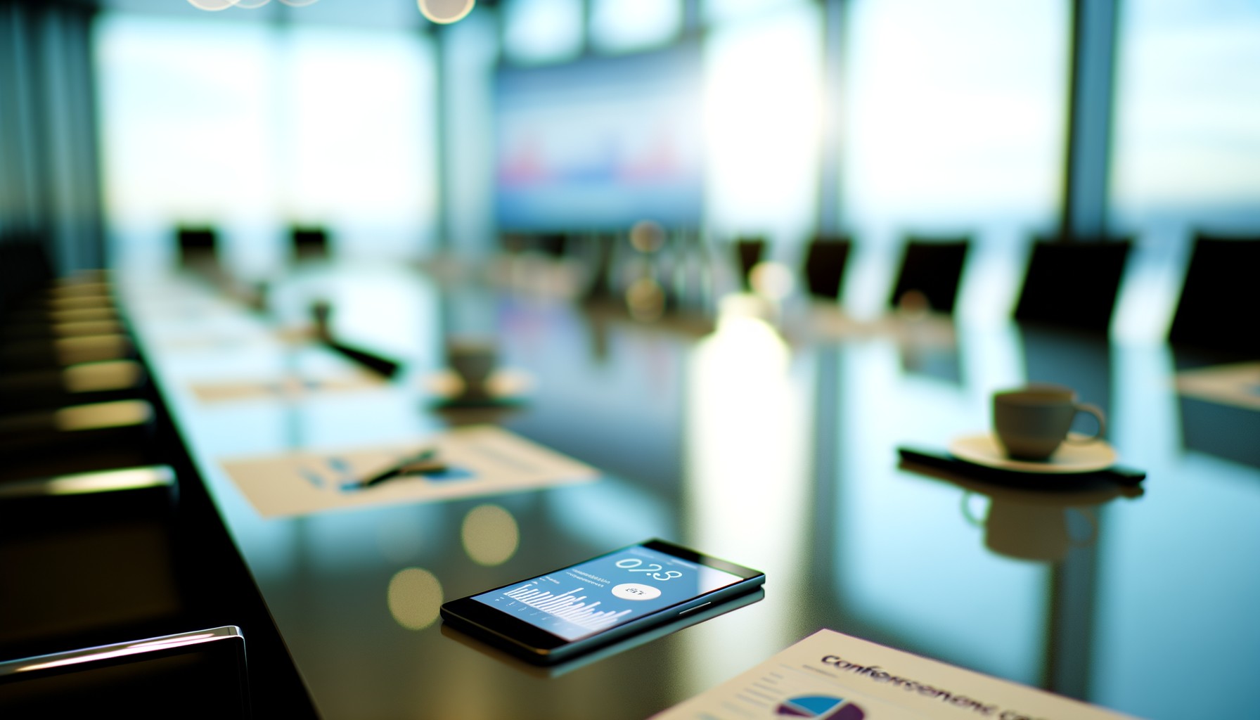 Närbildsfotografi av en mobiltelefon på ett konferensbord med teknisk data på skärmen, omgiven av konferensmaterial och papper i suddig bakgrund