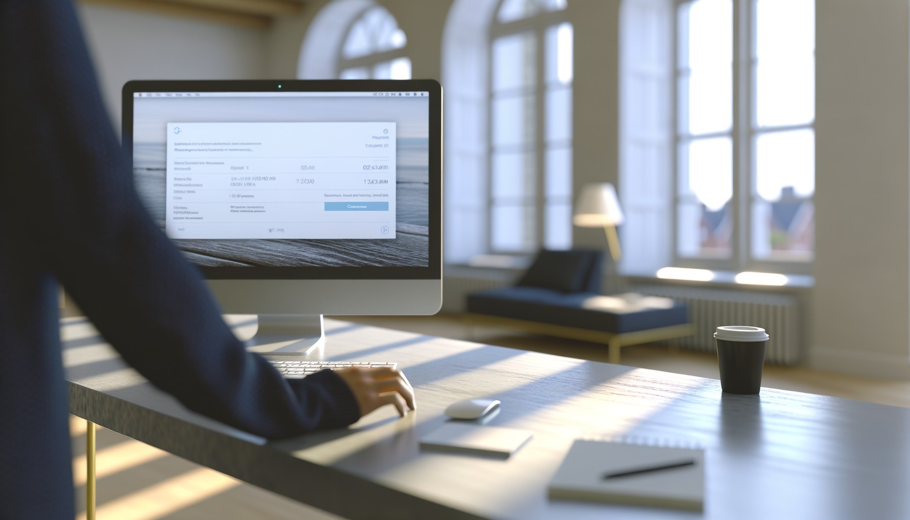 Närbild av en datorskärm som visar en genomförd automatisk betalning på ett svenskt bankkontor, med en person i marinblå tröja som observerar från sidan.