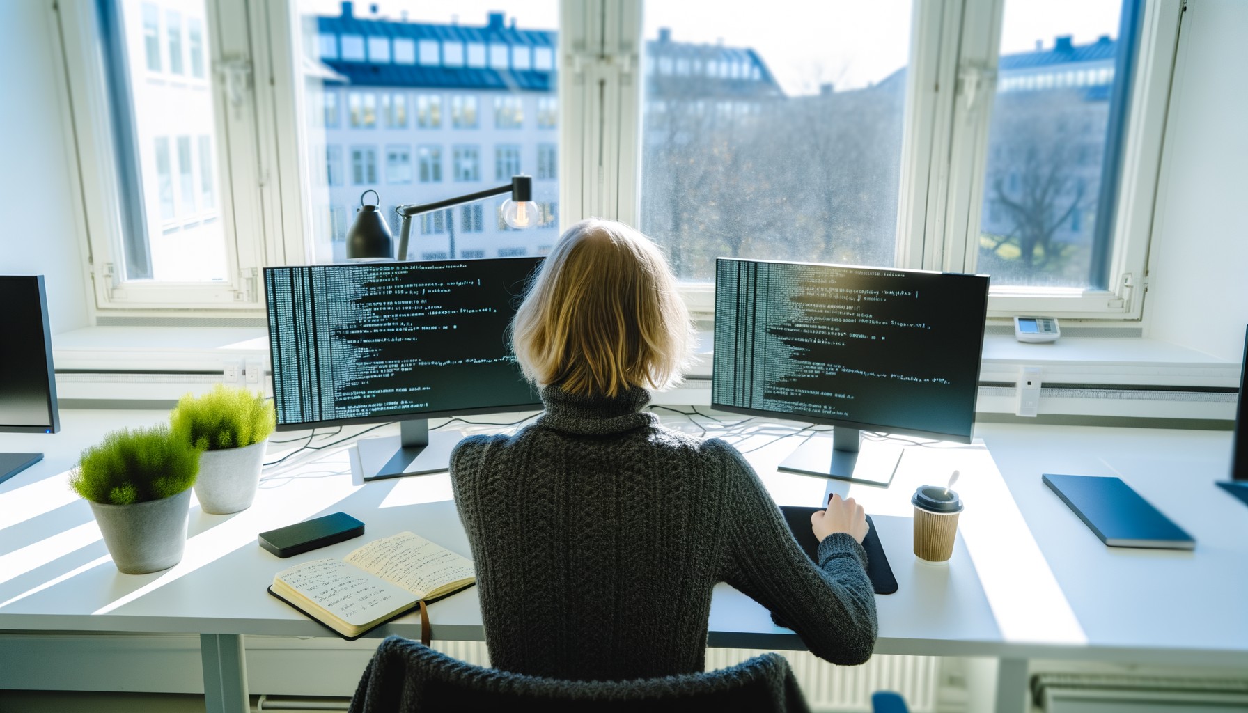 En forskare arbetar vid datorn på ett teknikföretags kontor i Stockholm, sedd bakifrån medan de arbetar med AI-utveckling vid flera bildskärmar