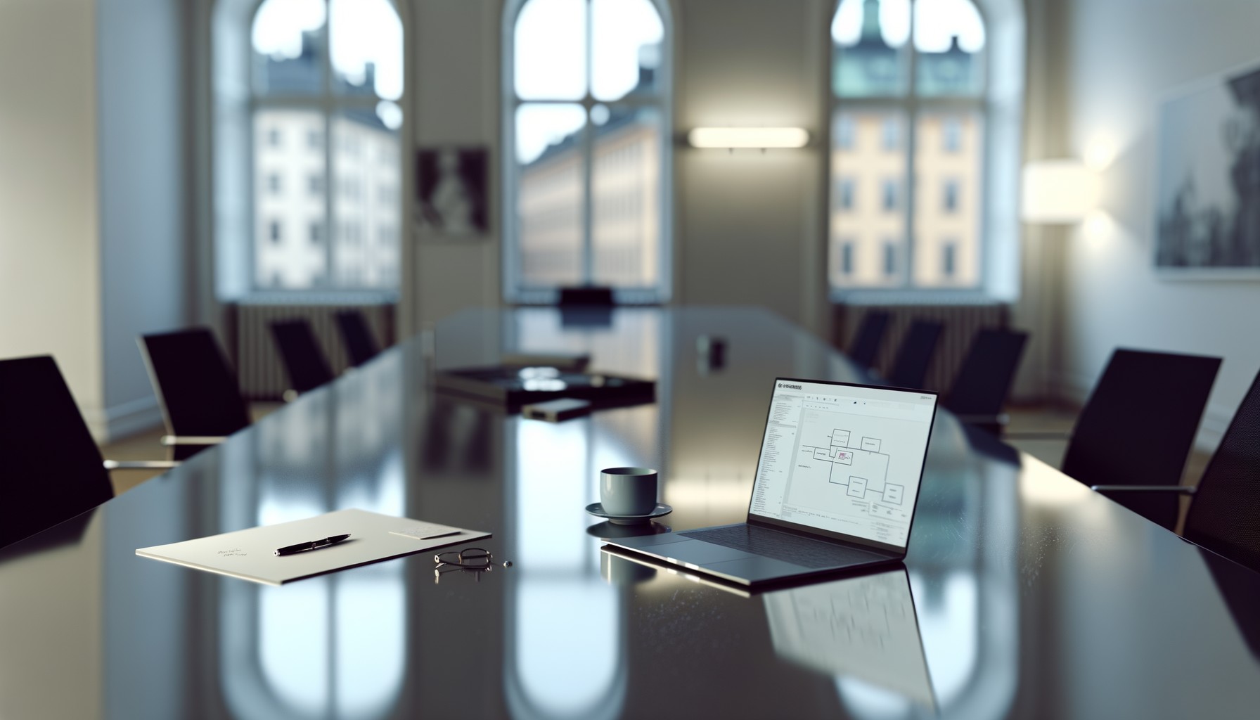 Närbild av en laptop på ett konferensbord med kaffekoppar och anteckningar, symboliserande försenade teknikplaner i ett svenskt företag