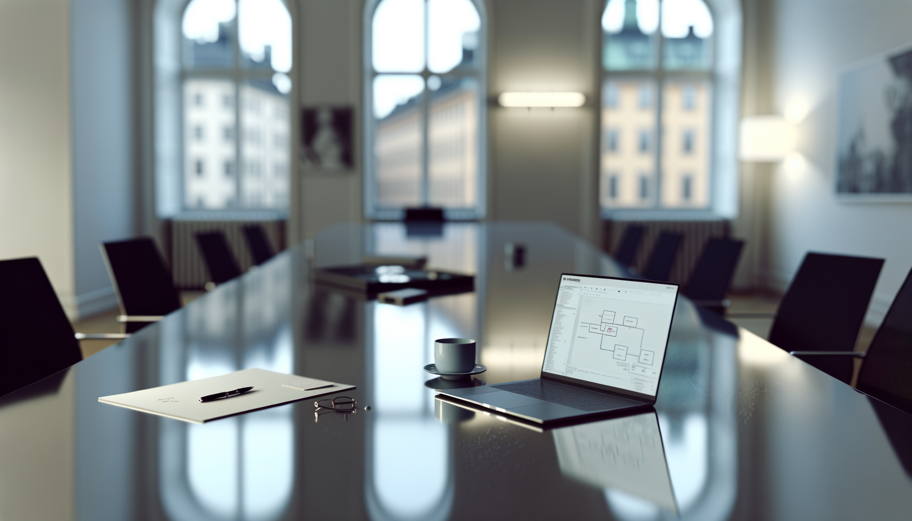 Närbild av en laptop på ett konferensbord med kaffekoppar och anteckningar, symboliserande försenade teknikplaner i ett svenskt företag