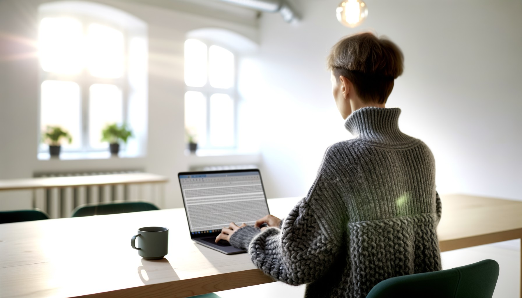 En person sitter vid en laptop på ett modernt svenskt kontor, fotograferad bakifrån. Personen bär en grå tröja och arbetar vid en träskrivbord med kaffekopp bredvid. Ljust dagsljus strömmar in genom stora fönster.