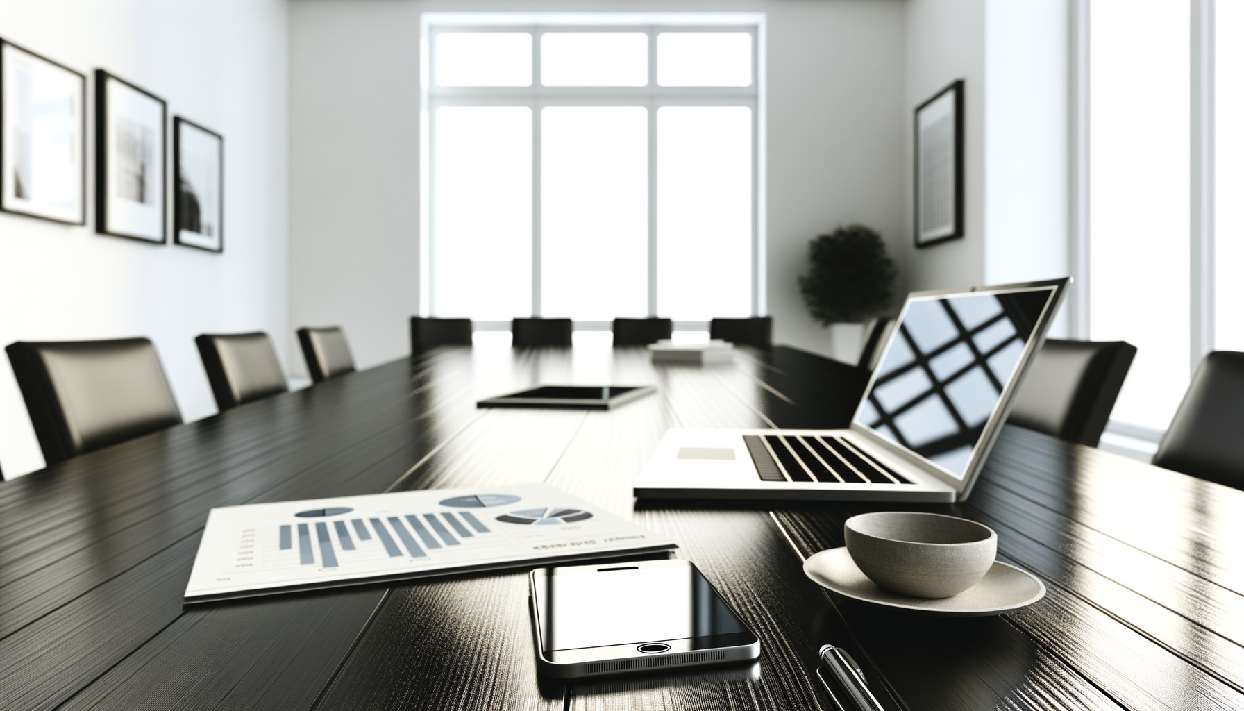 Närbildsfoto av ett konferensbord med laptop, smartphone och dokument som illustrerar affärsförhandlingar inom AI och försvarssektorn