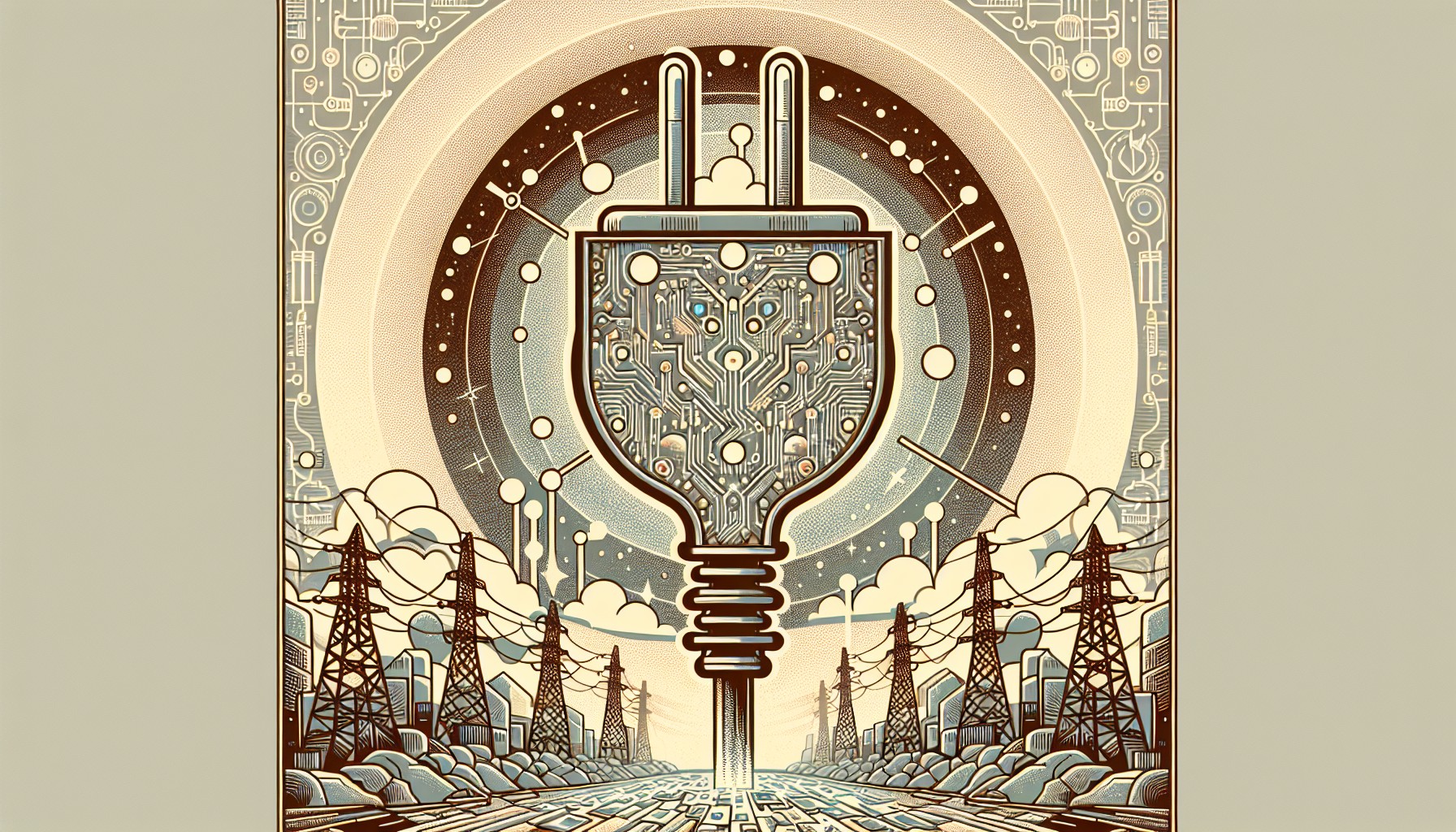 Editorial illustration som visar en stor elkabel kopplad till kretskortsmönster med kraftledningar i bakgrunden, symboliserande AI-infrastrukturens dolda energibehov