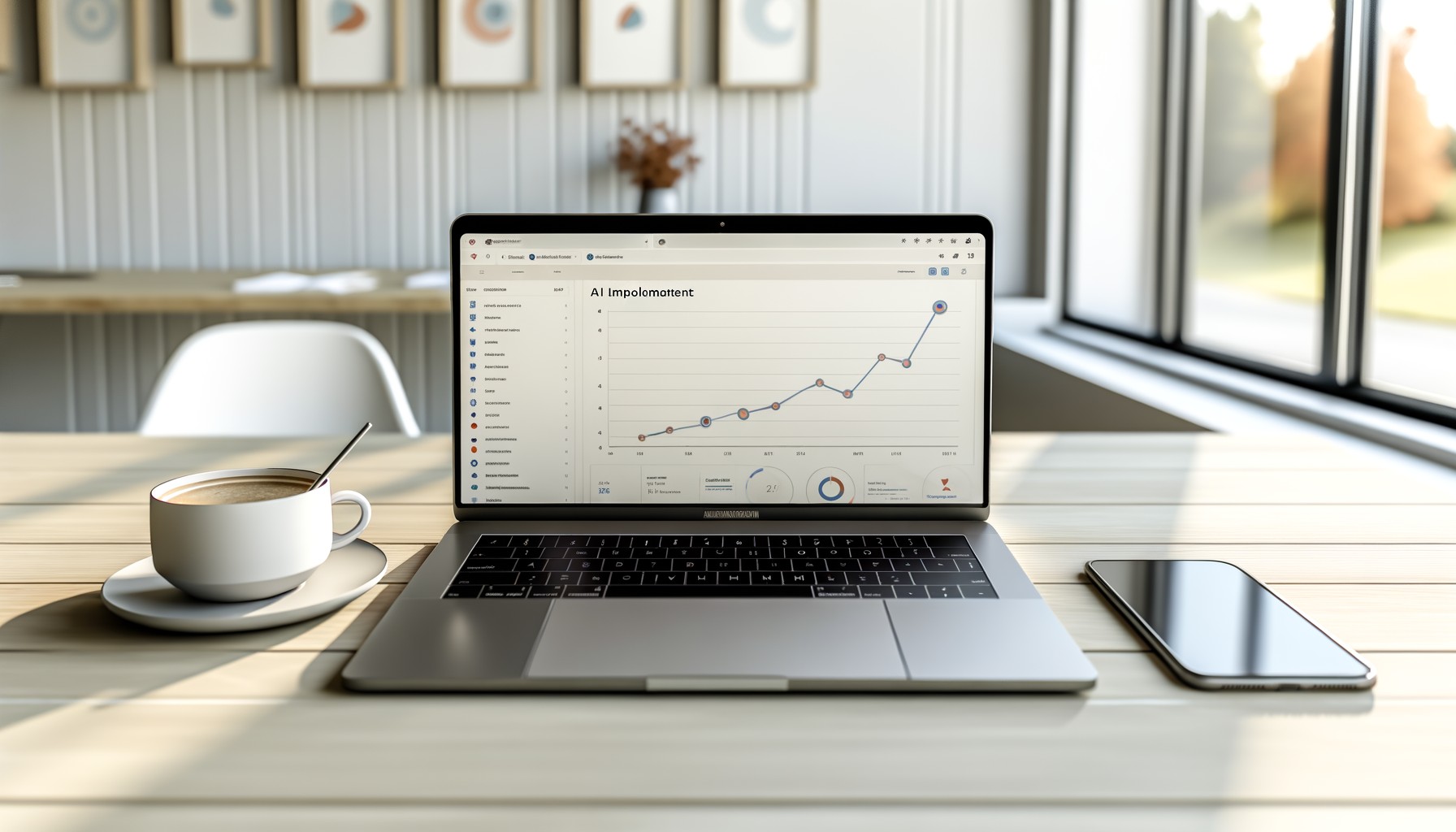 Närbildsfoto av en bärbar dator på ett skrivbord som visar datagrafer och analysdashboards, med en kaffekopp och smartphone bredvid. Ljust nordiskt morgonljus lyser genom fönstret i bakgrunden.
