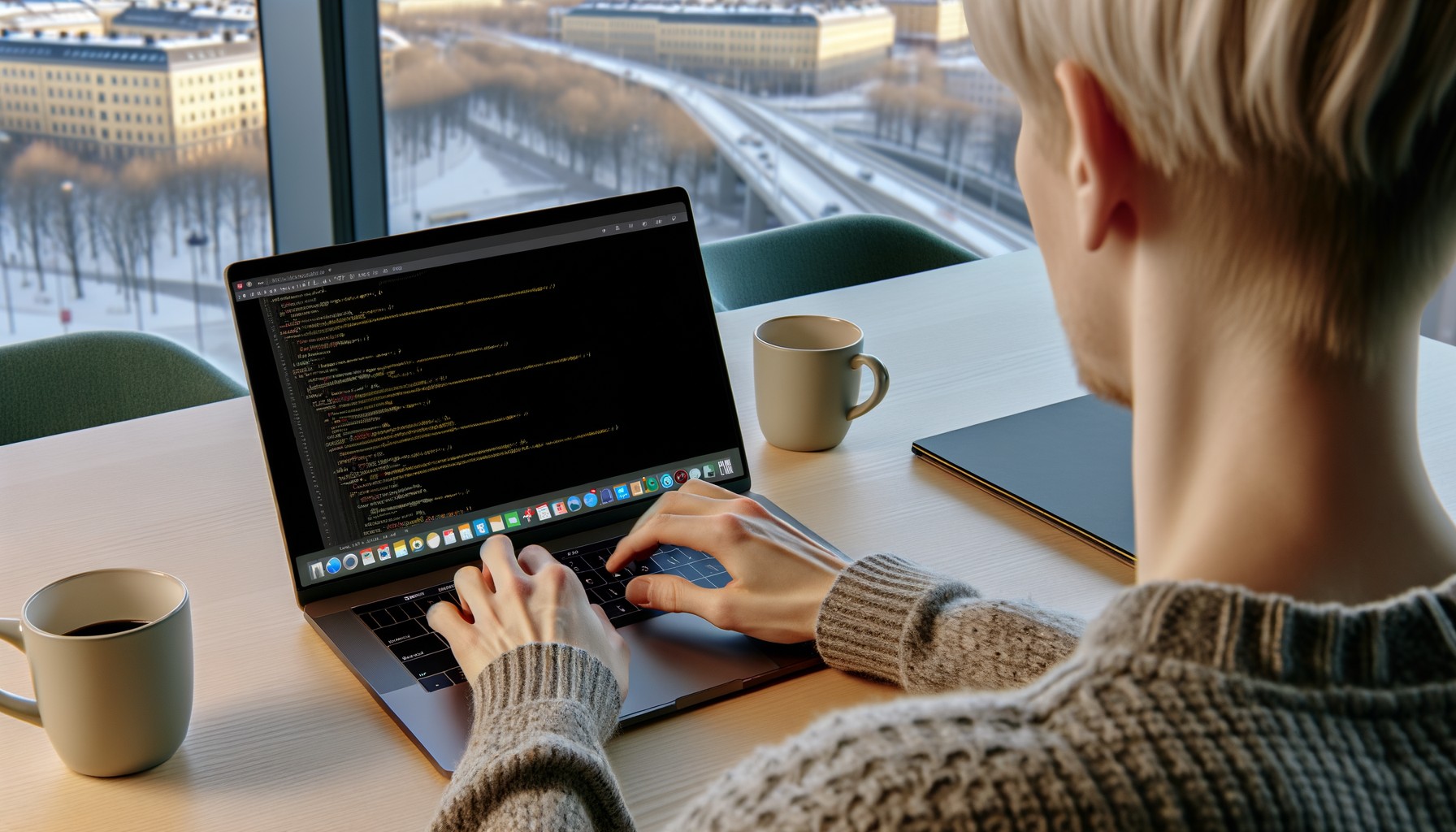 Närbild på händer som skriver på en laptop med AI-utvecklingsgränssnitt på skärmen, fotograferat från sidan på ett modernt svenskt teknikkontor