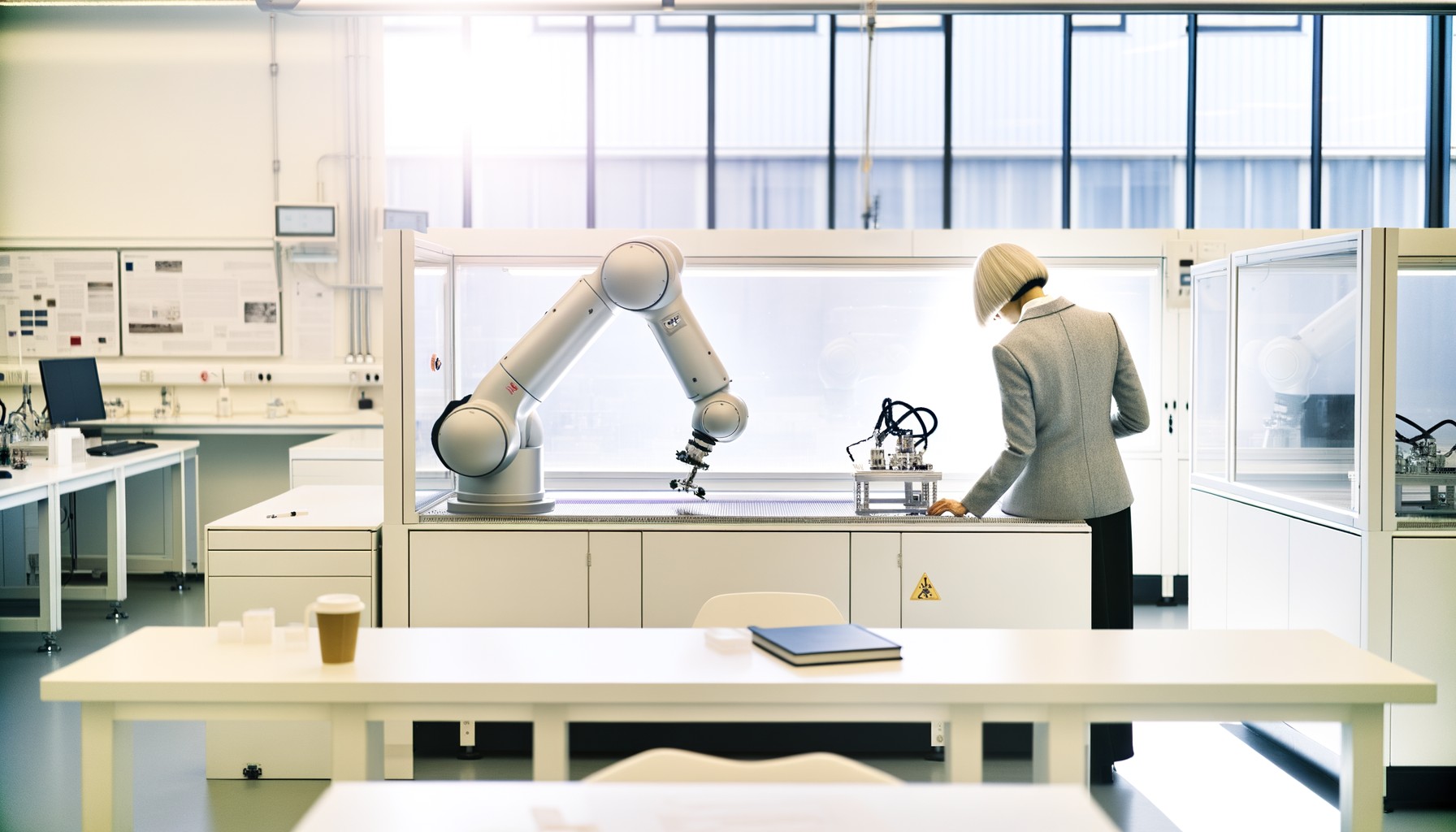 En forskare i labbrock arbetar bakifrån sedd med en robotarm i ett ljust laboratorium vid KTH, där fysisk AI-teknik utvecklas från experiment till praktisk tillämpning