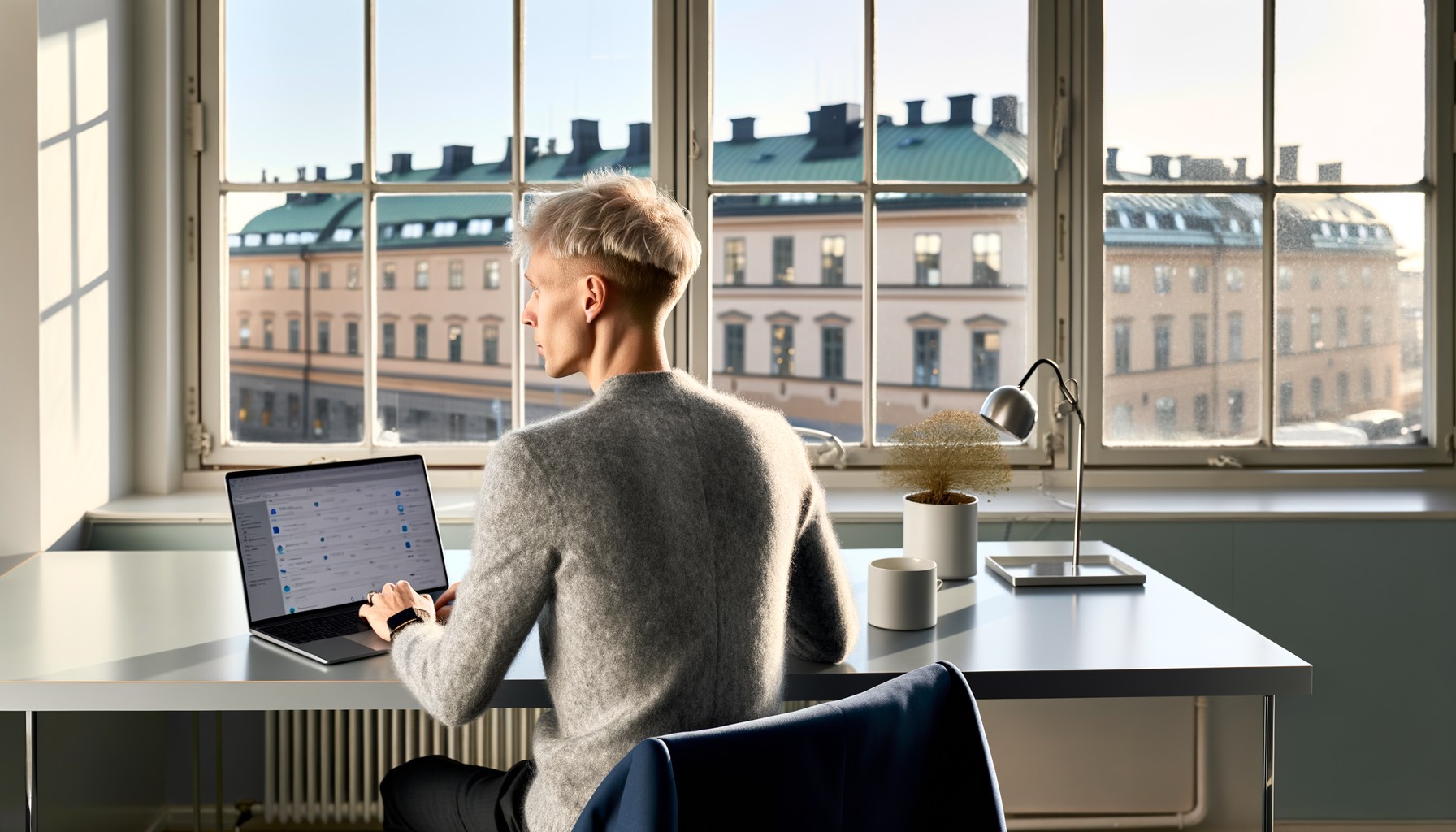 En person sitter vid ett skrivbord på ett modernt kontor i Stockholm och arbetar vid en laptop, sedd bakifrån. Ljusa kontorslokaler med stora fönster och en kaffekopp på skrivbordet.