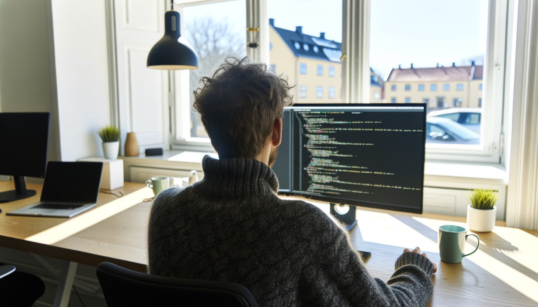 En mjukvaruutvecklare sitter vid sin dator och granskar kod, fotograferad bakifrån i en ljus kontorsmiljö med nordisk design