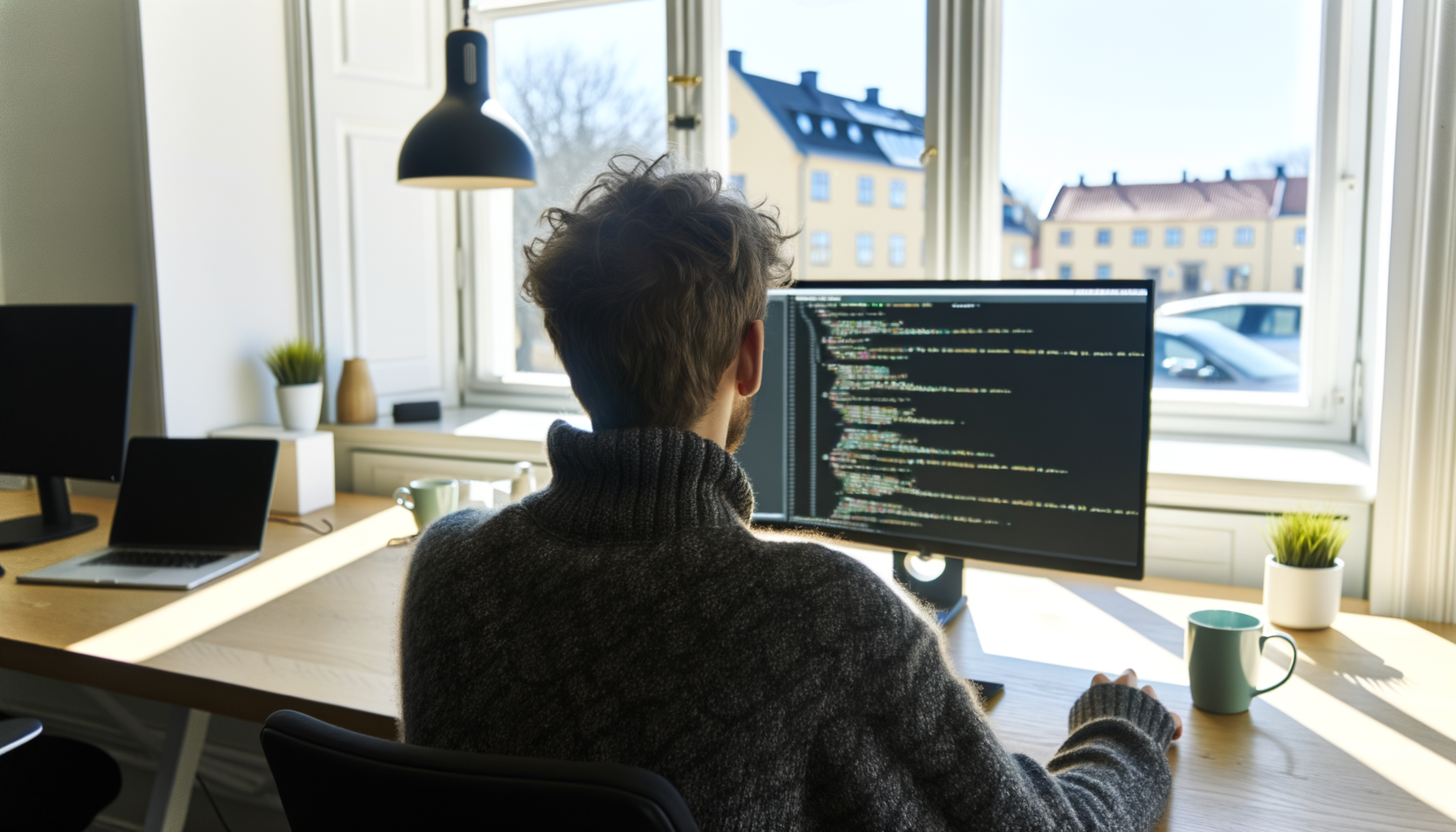 En mjukvaruutvecklare sitter vid sin dator och granskar kod, fotograferad bakifrån i en ljus kontorsmiljö med nordisk design