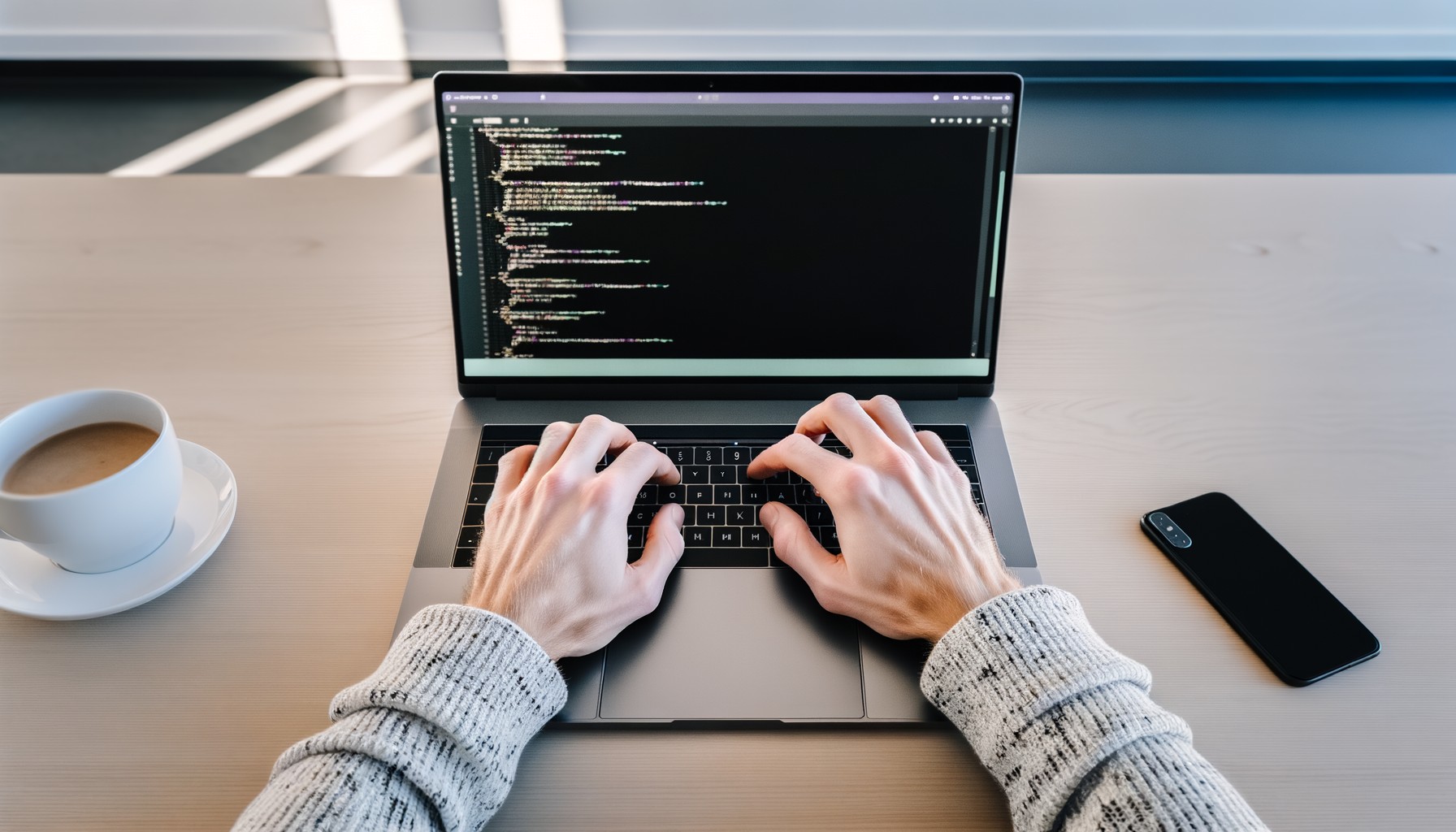 Närbild på händer som skriver på en bärbar dators tangentbord, med kod synlig på skärmen i bakgrunden. Bilden tagen i ljust kontorsrum med naturligt ljus.