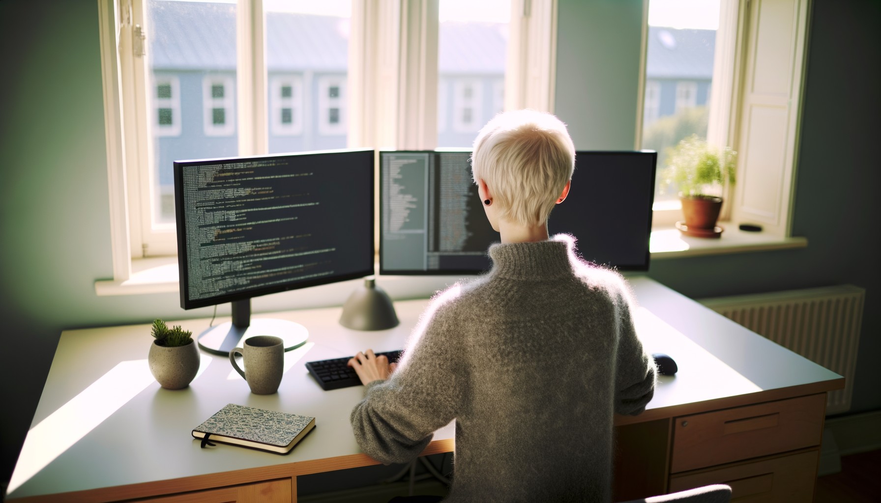 En forskare sitter vid sin dator och arbetar med AI-bildgenerering, fotograferad bakifrån i ljust kontorsrum med stora fönster
