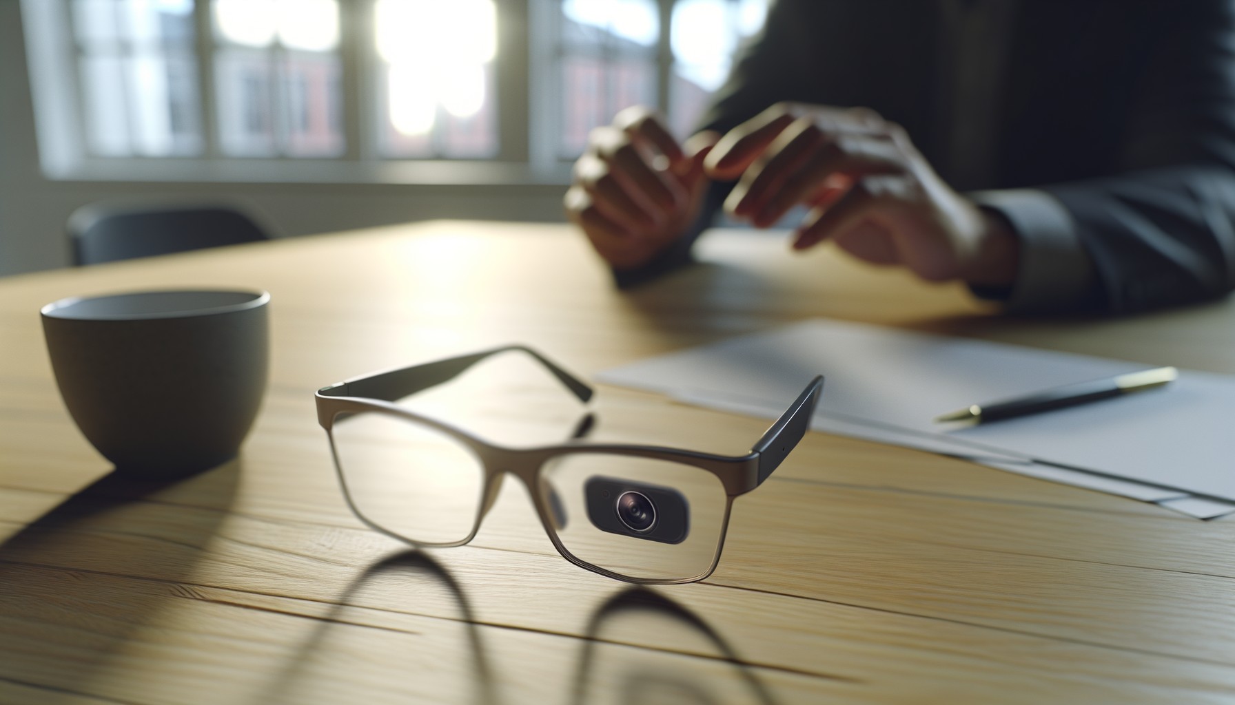 Närbild på ett par smarta glasögon som ligger på ett träskrivbord i ett svenskt kontor, med papper och en kaffekopp i bakgrunden