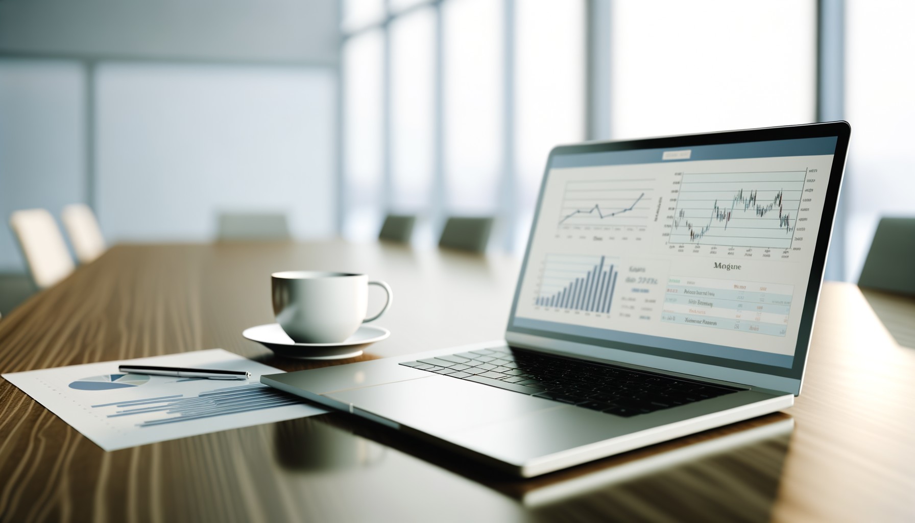 Närbild på en laptop som visar finansiella grafer på skärmen, placerad på ett konferensbord tillsammans med en kaffekopp och papper.