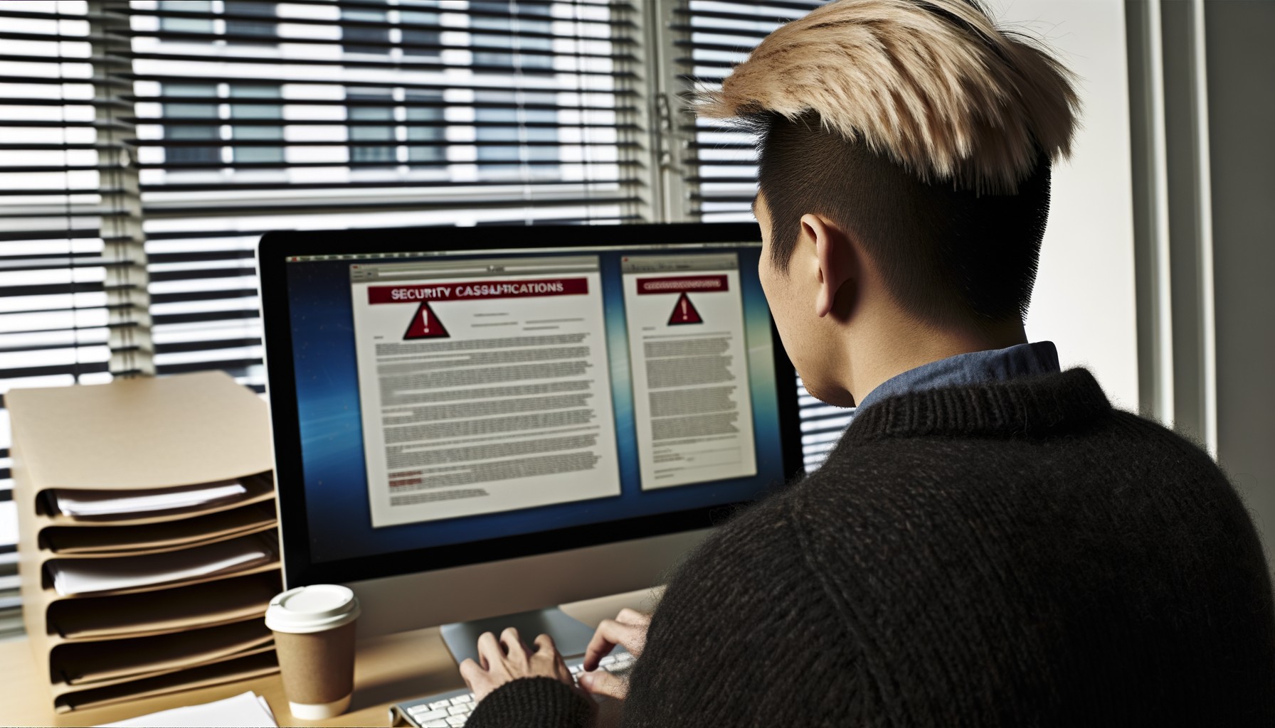 En person arbetar vid en dator på ett regeringskontor, sedd bakifrån, med klassificerade dokument synliga på skärmen