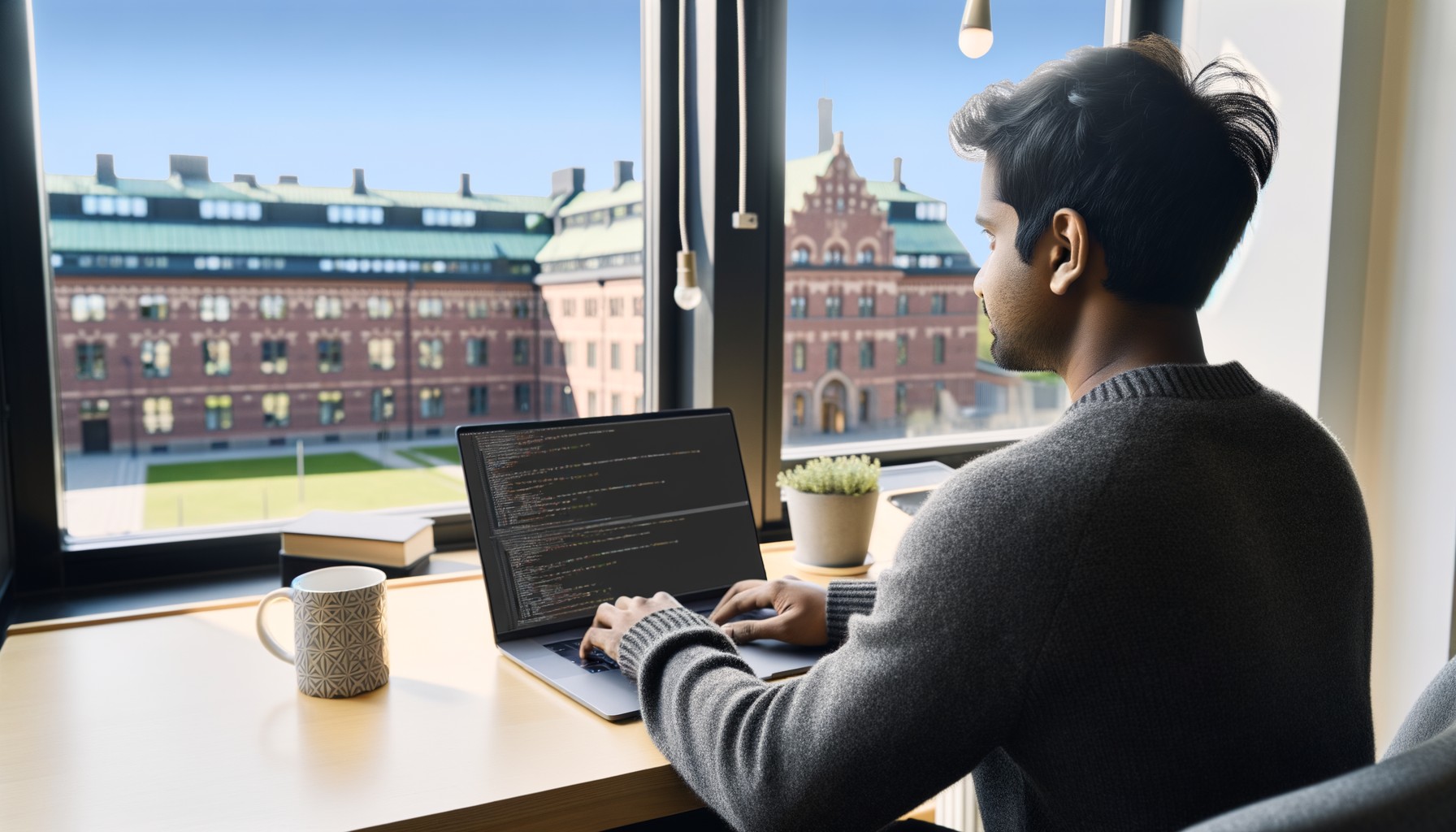 En person sedd från sidan arbetar vid en laptop på KTH:s campus. Skärmen visar programmeringskod och genom fönstret syns universitets röda tegelbyggnader.