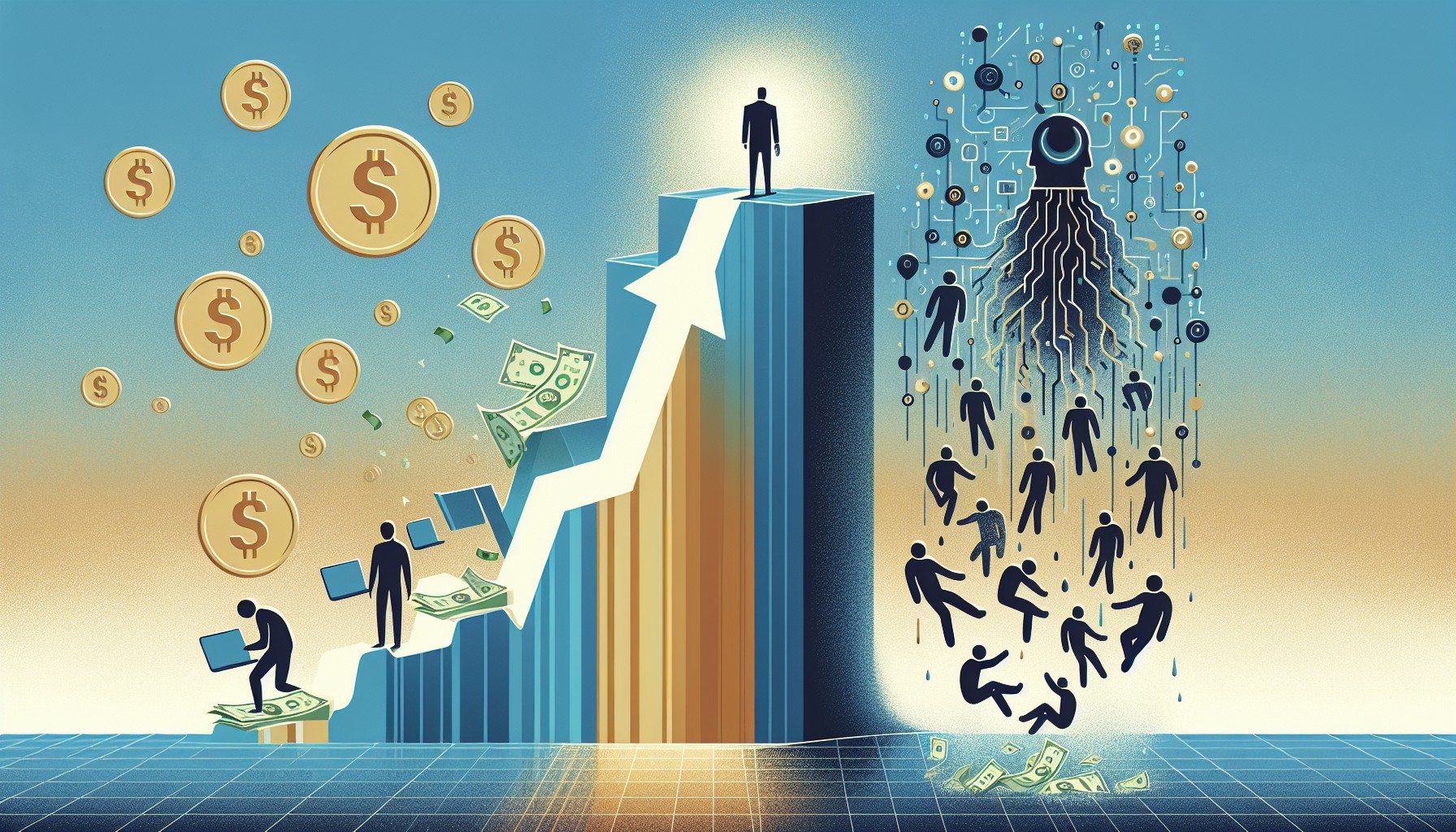Editorial illustration som visar pengarströmmar som flöder uppåt mot AI-symboler medan mänskliga silhuetter faller nedåt, symboliserar kontrasten mellan ökade AI-investeringar och teknikuppsägningar