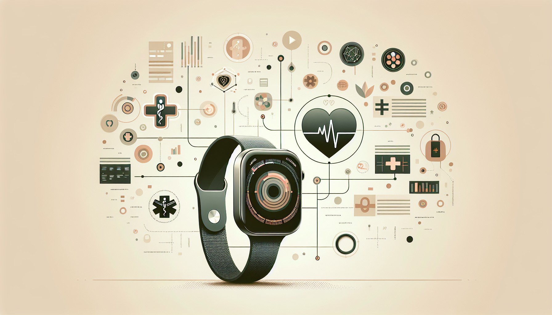 Illustration som visar en smartklocka kopplad till flytande medicinska datavisualiseringar och diagnostiska symboler, representing AI-teknik inom hälsoövervakning