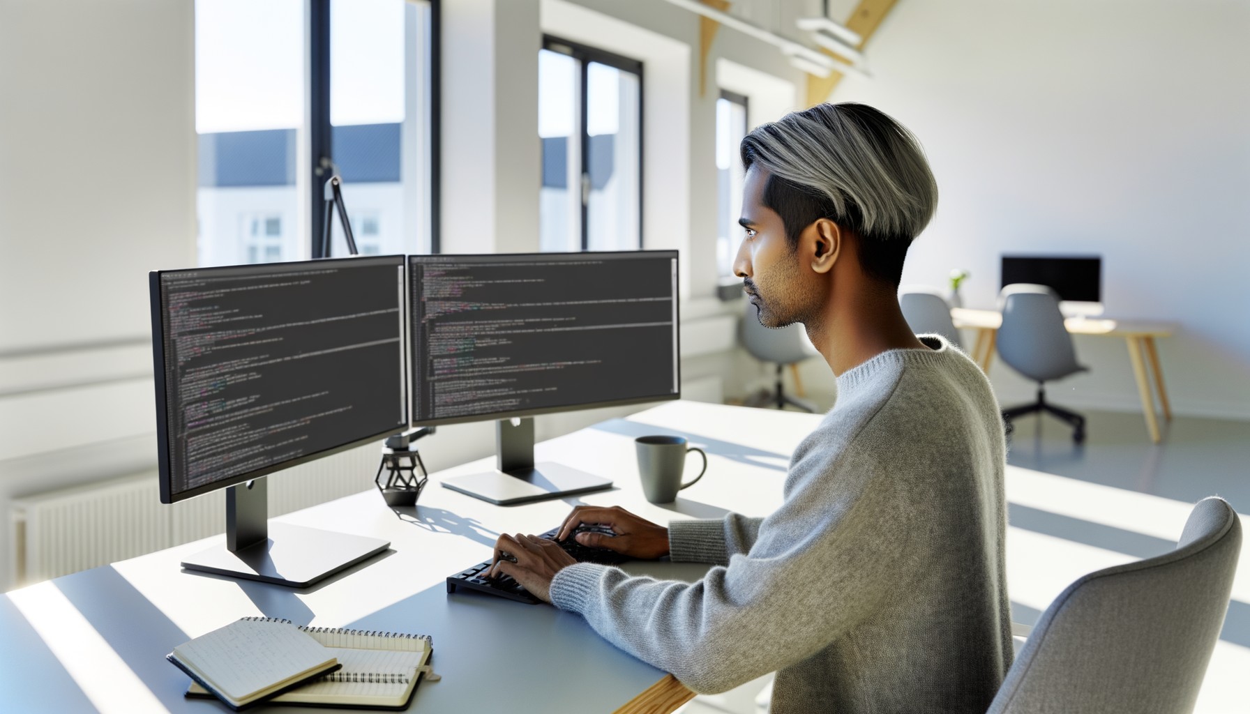En IT-säkerhetsforskare arbetar vid sin datorstation med kodanalys synlig på skärmen, fotograferad över axeln i ett ljust svenskt forskningskontor.