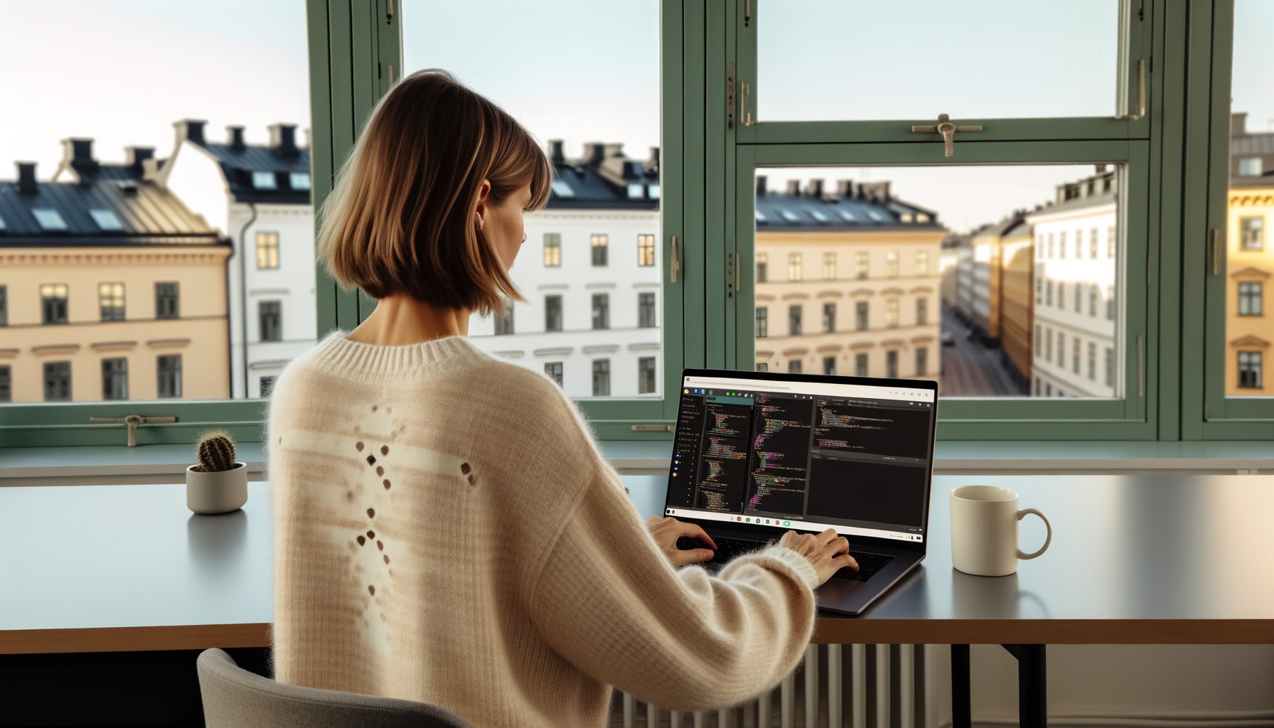 En kvinna arbetar vid sin laptop på ett modernt kontor i Stockholm, fotograferad bakifrån. På skärmen syns administrativa gränssnitt för AI-system.
