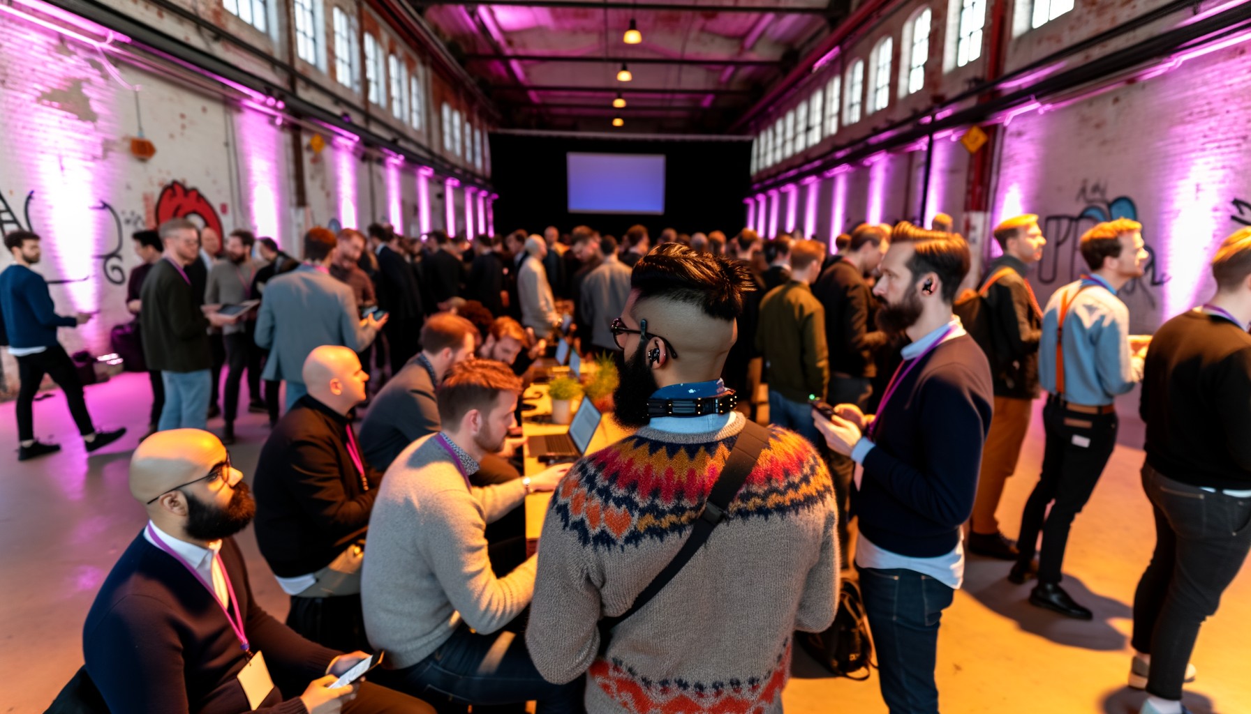 Människor samlade på ett teknikevenemang i en ombyggd lagerlokal i Stockholm, fotograferade bakifrån under rosa och lila belysning. Deltagarna bär vardagskläder och många har laptops eller telefoner i händerna.
