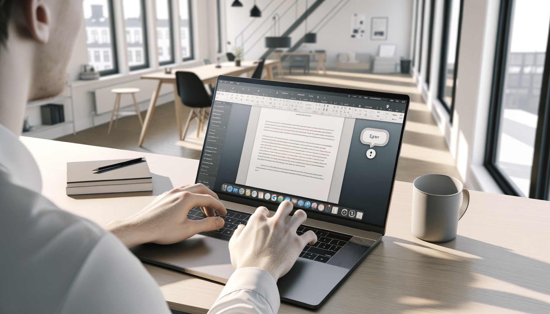 Närbild på en laptop-skärm som visar ett textbearbetningsprogram med en rådgivningsfunktion, medan någon skriver på tangentbordet