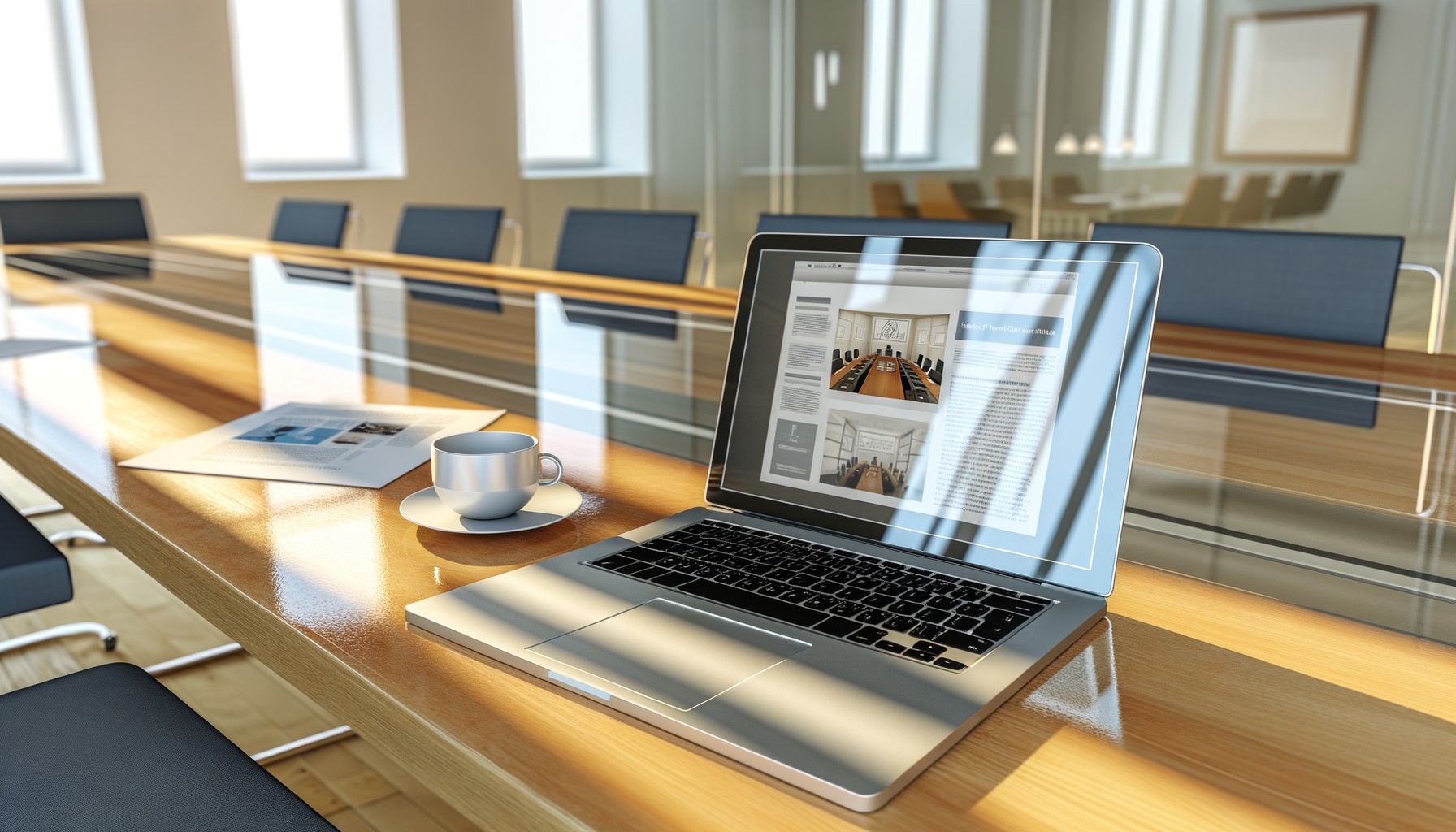 En öppen laptop på ett konferensbord med dokument på skärmen, bredvid en kaffekopp i ett modernt svenskt kontorslandskap med dagsljus genom fönstren.