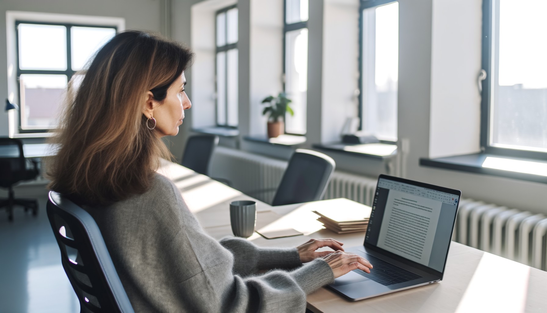 En forskare vid KTH sitter vid sitt skrivbord och arbetar vid en bärbar dator, fotograferad bakifrån. Personen bär en grå ylletröja och befinner sig i en ljus akademisk kontorsmiljö med växter och papper på skrivbordet.