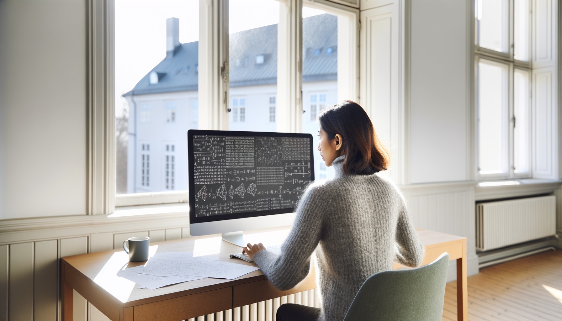 En forskare fotograferad bakifrån vid sin dator på KTH, arbetar med matematiska beräkningar i ljus kontorsmiljö med typisk skandinavisk design
