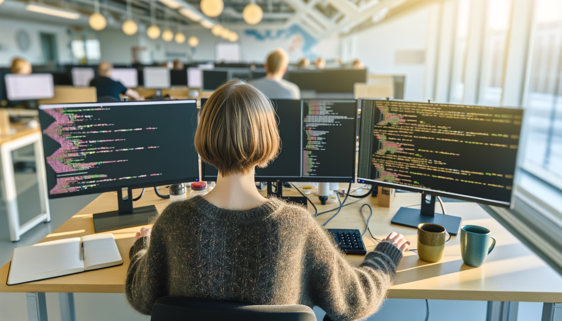 En forskare arbetar vid datorn på ett AI-laboratorium, fotograferad bakifrån vid sin arbetsstation med flera skärmar som visar kod och utvecklingsmiljöer.