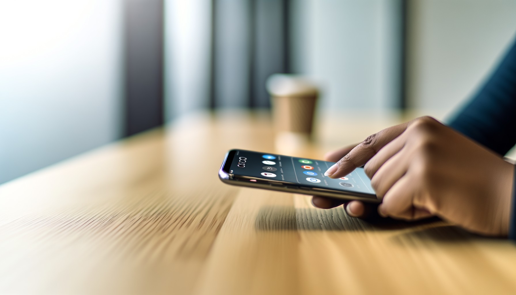 Närbild på en smartphone på ett skrivbord där en persons fingrar navigerar genom AI-funktioner på skärmen, fotograferat i naturligt dagsljus på en svensk arbetsplats.