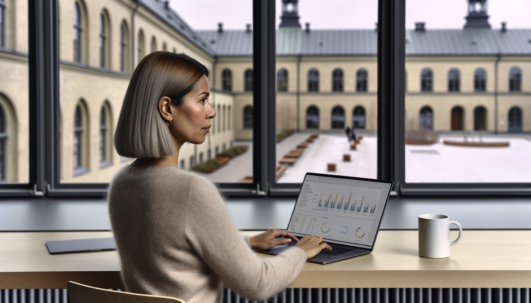 En kvinna i profil arbetar vid sin laptop på ett forskningsinstitut, med energidiagram synliga på skärmen och en kaffekopp bredvid datorn.