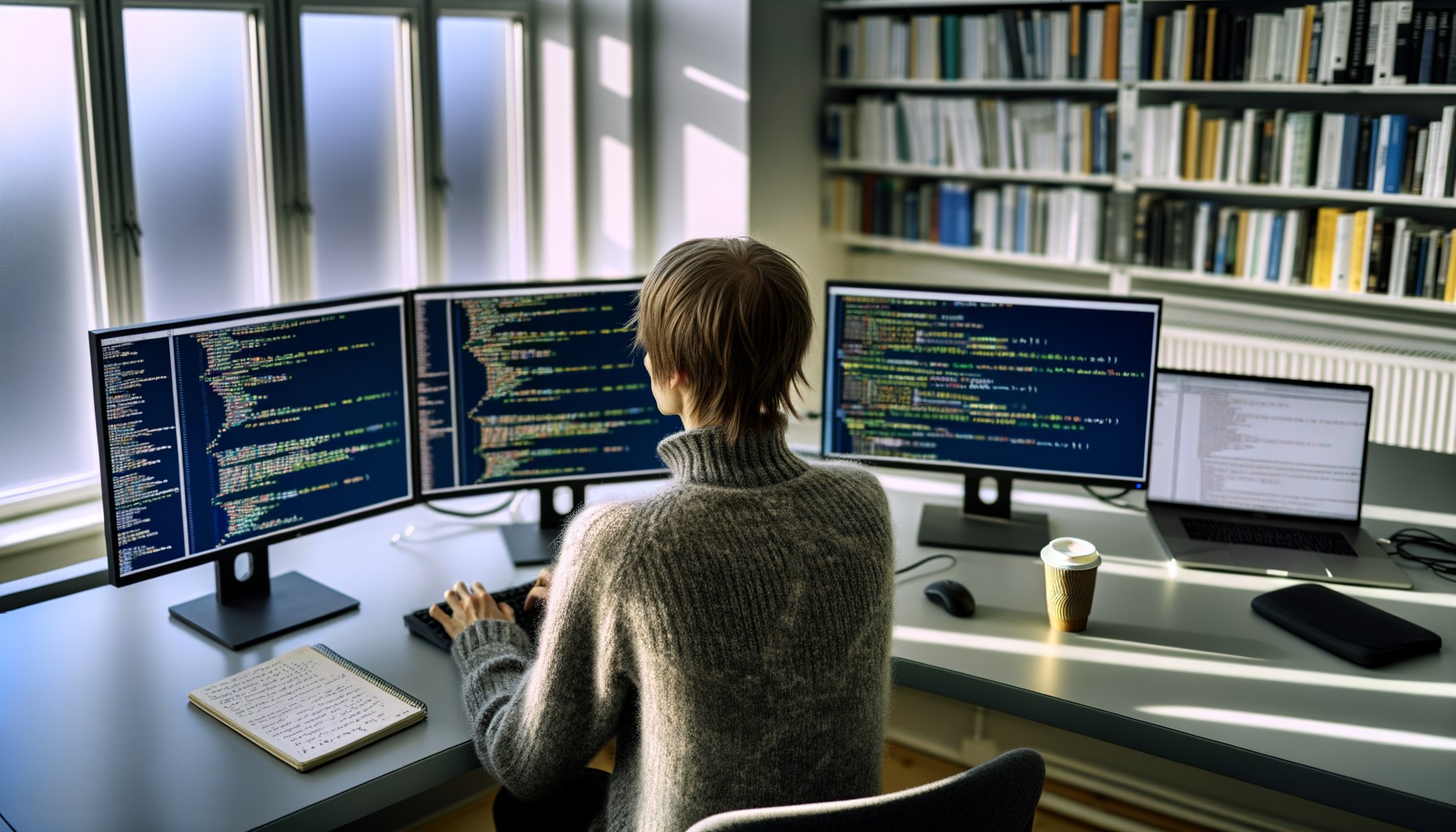 En forskare sitter vid sitt skrivbord sedd bakifrån och arbetar med kod på flera datorskärmar i ett ljust forskningslaboratorium med stora fönster.