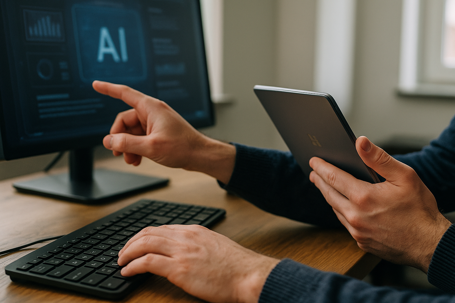 En programmerare arbetar vid sin dator i ett ljust svenskt kontorslandskap, fotograferad från sidan medan hen fokuserar på skärmar som visar kod och datavisualiseringar.