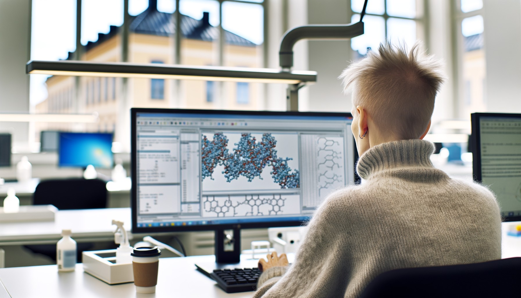 En forskare arbetar vid en dator med molekylära datastrukturer på skärmen i ett svenskt medicinskt forskningslaboratorium, fotograferad bakifrån i naturligt dagsljus