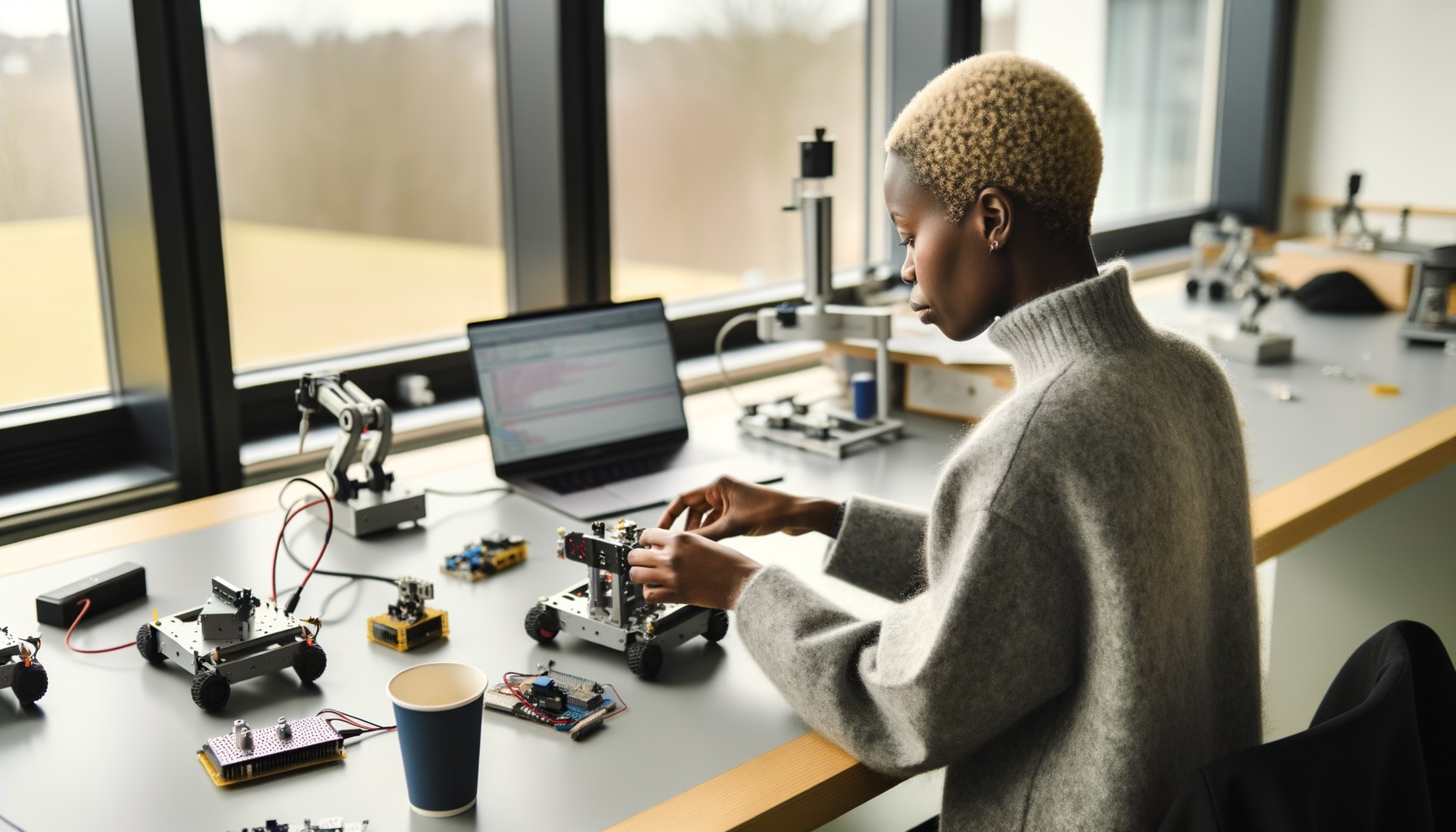 En forskare sedd bakifrån arbetar med robotkomponenter på en arbetsbänk på KTH. Ljus vårmorgon genom fönstren, laptop och tekniska papper synliga på bordet.