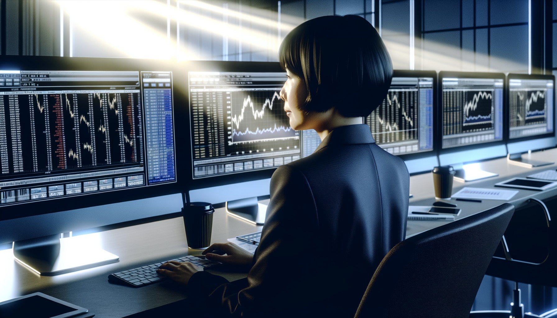 En person i kostym sitter med ryggen mot kameran och studerar flera datorskärmar med finansiella diagram och data på en trading-desk