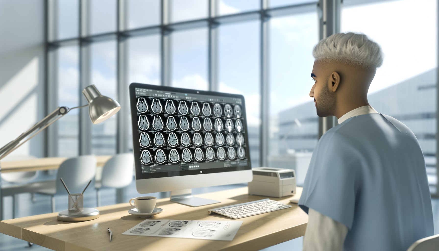 En läkare granskar hjärnskanningar på en datorskärm på ett sjukhus, sedd från sidan och bakifrån