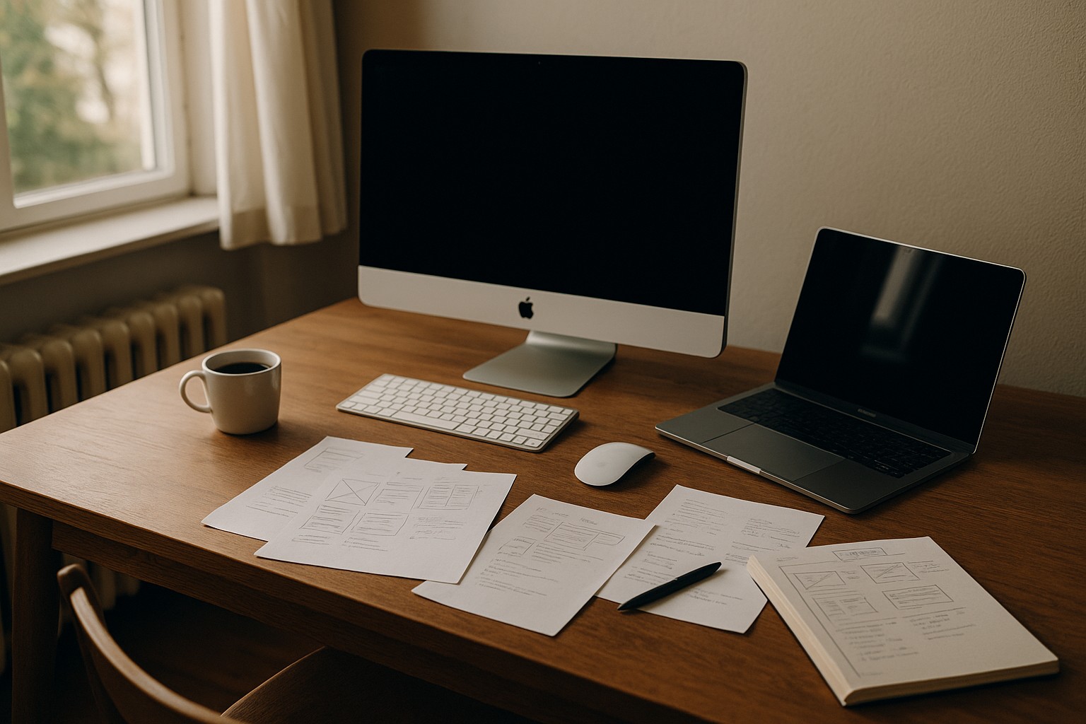 En designer arbetar vid sin dator på en ljus designstudio, fotograferad bakifrån. På skärmen syns designprogram och grafiska verktyg.