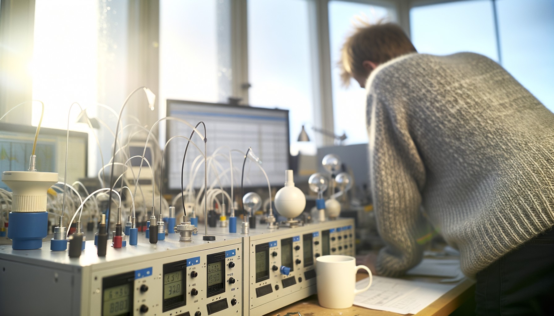 Närbilds av avancerad vädermätningsutrustning på ett laboratoriearbetsbord, med en forskare som arbetar vid en dator i bakgrunden