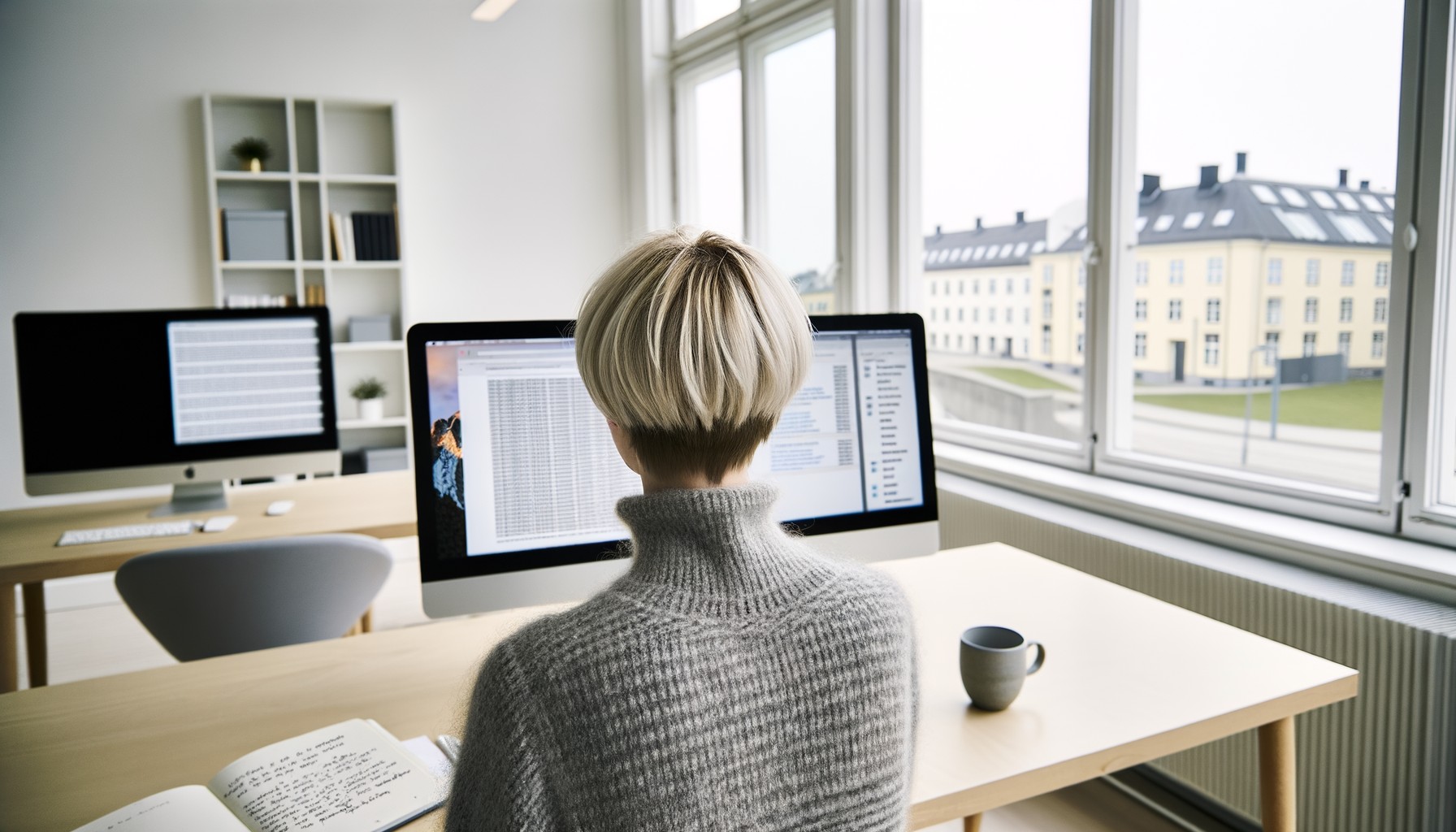 En forskare sitter vid sin dator och arbetar med AI-säkerhetstestning på ett svenskt universitet. Personen syns bakifrån i ett ljust och modernt kontorsrum med skandinavisk design.